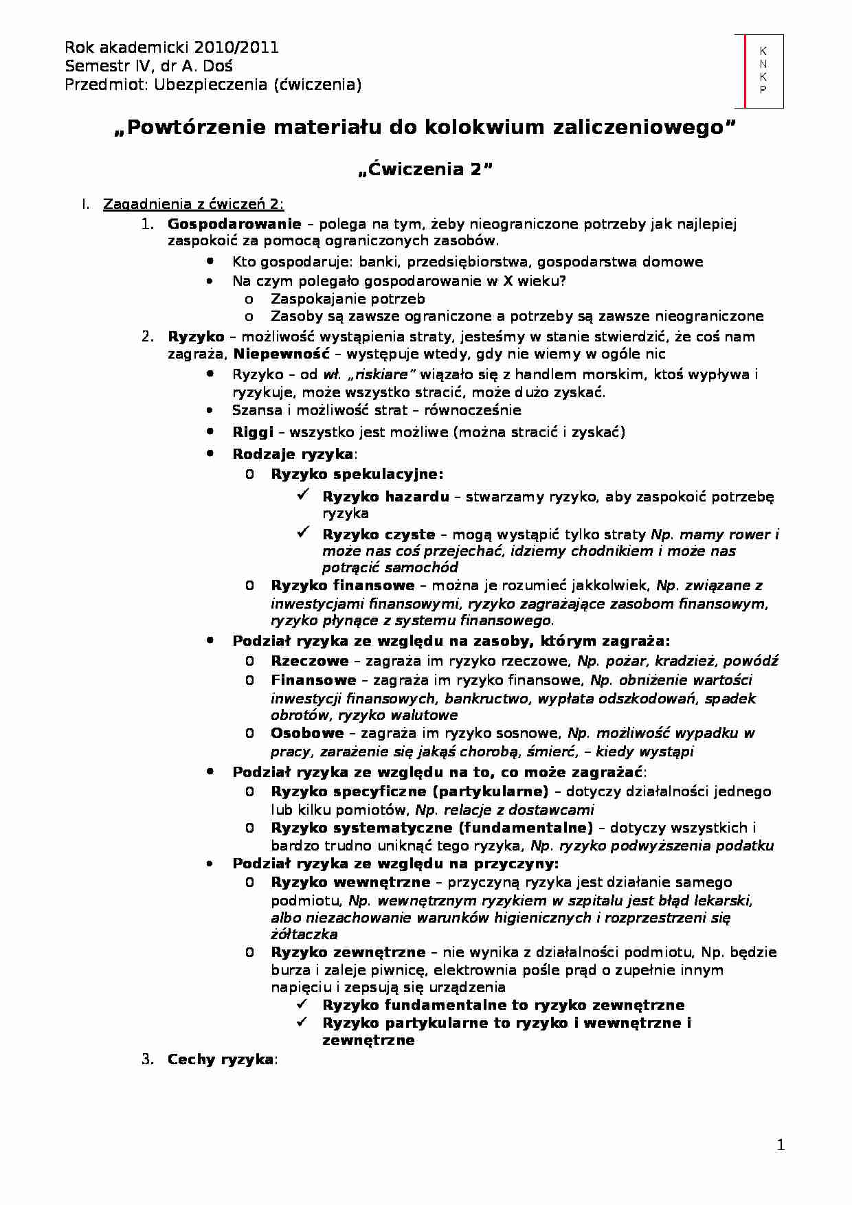 Ubezpieczenia - powtórzenie - strona 1