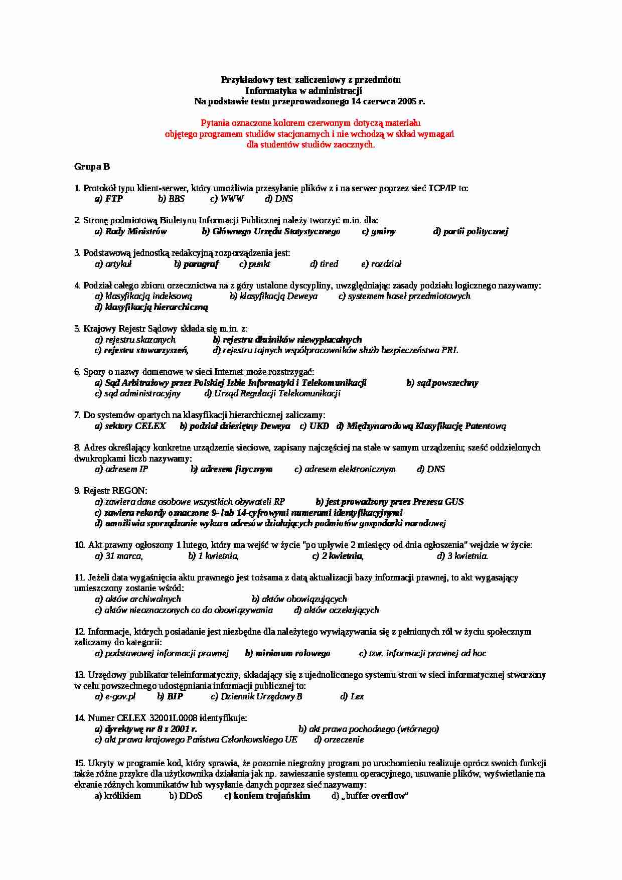 Testy 2005 B - informatyka prawnicza - strona 1