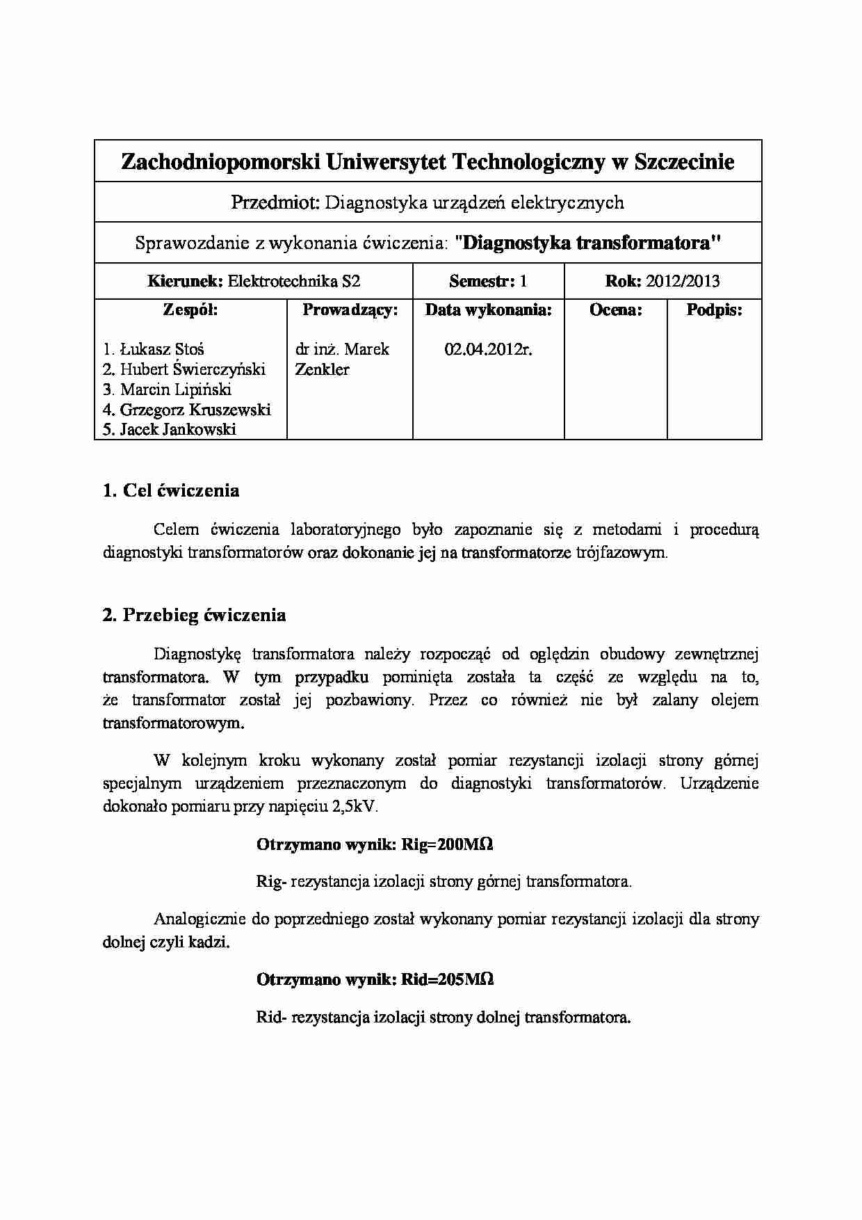 Sprawozdanie Diagnostyka transformatora (sem. I) - strona 1