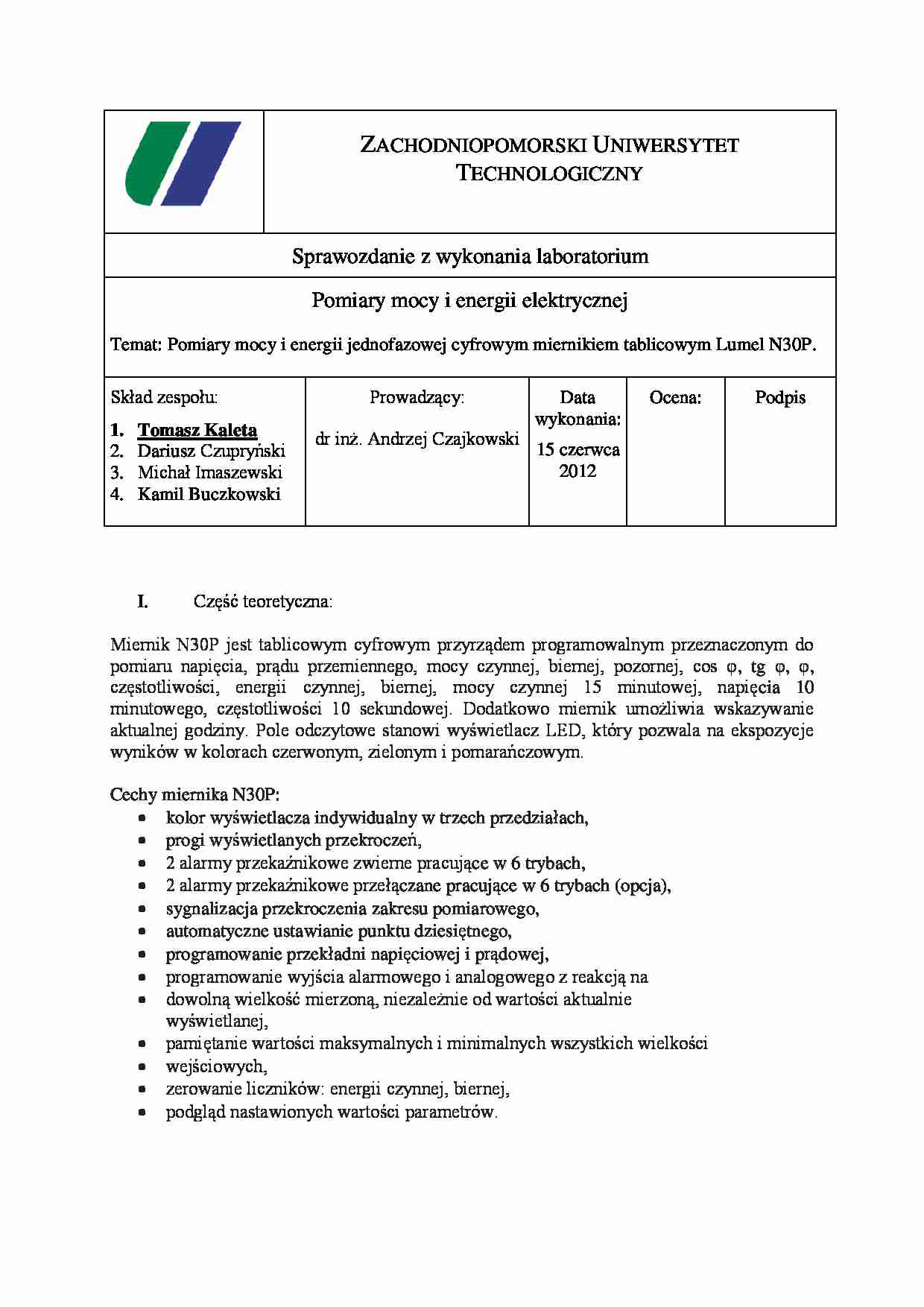 Pomiary mocy i energii jednofazowej- wykład (sem. I) - strona 1