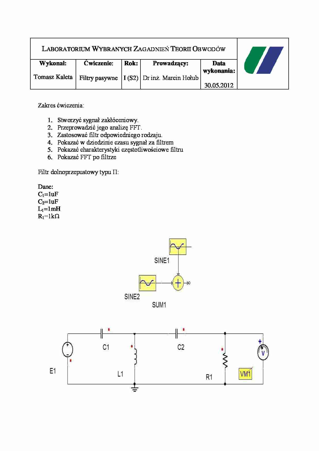 Sprawozdanie Filtry pasywne (sem. I) - strona 1