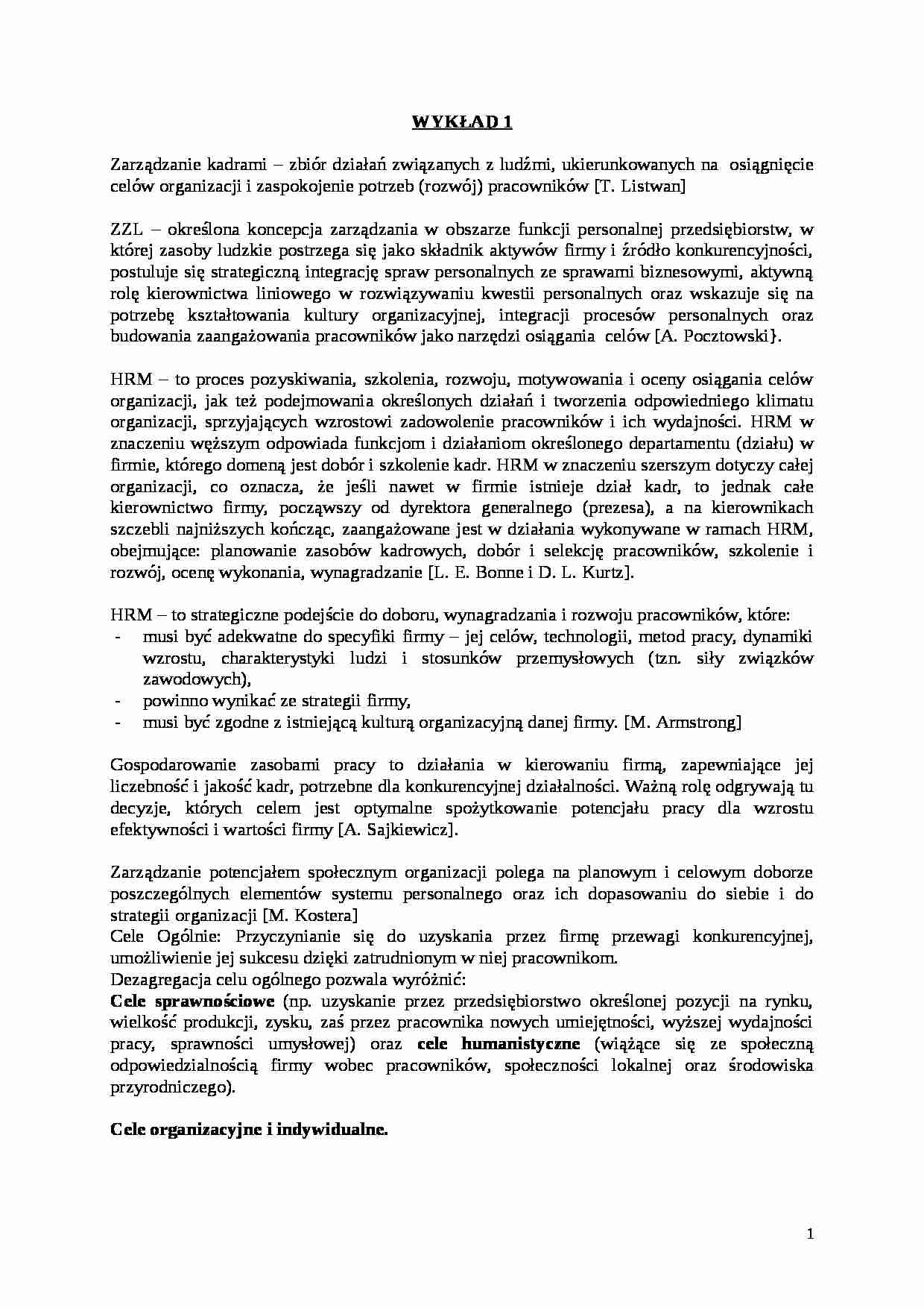 Zarządzanie zasobami ludzkimi -  wykłady - strona 1