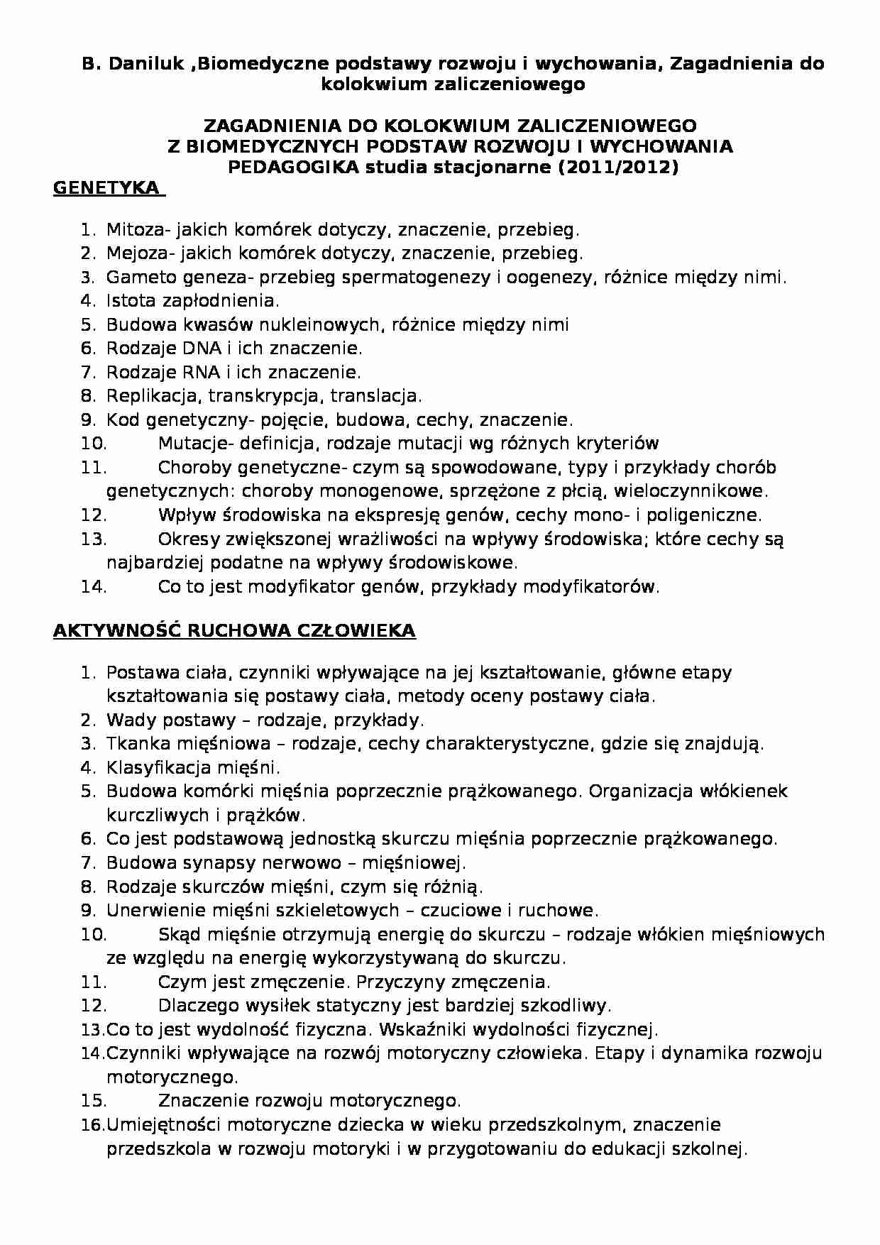 Biomedyczne podstawy - zagadnienia (sem.I) - strona 1