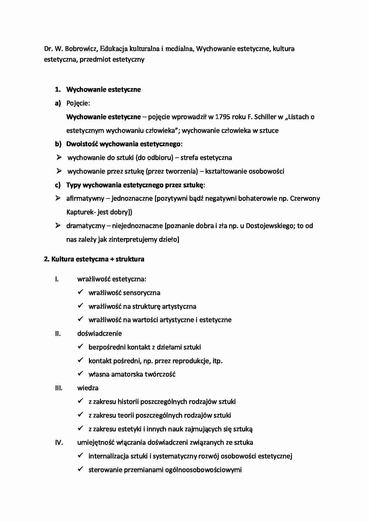 Wychowanie estetyczne - omówienie (sem. IV) - strona 1