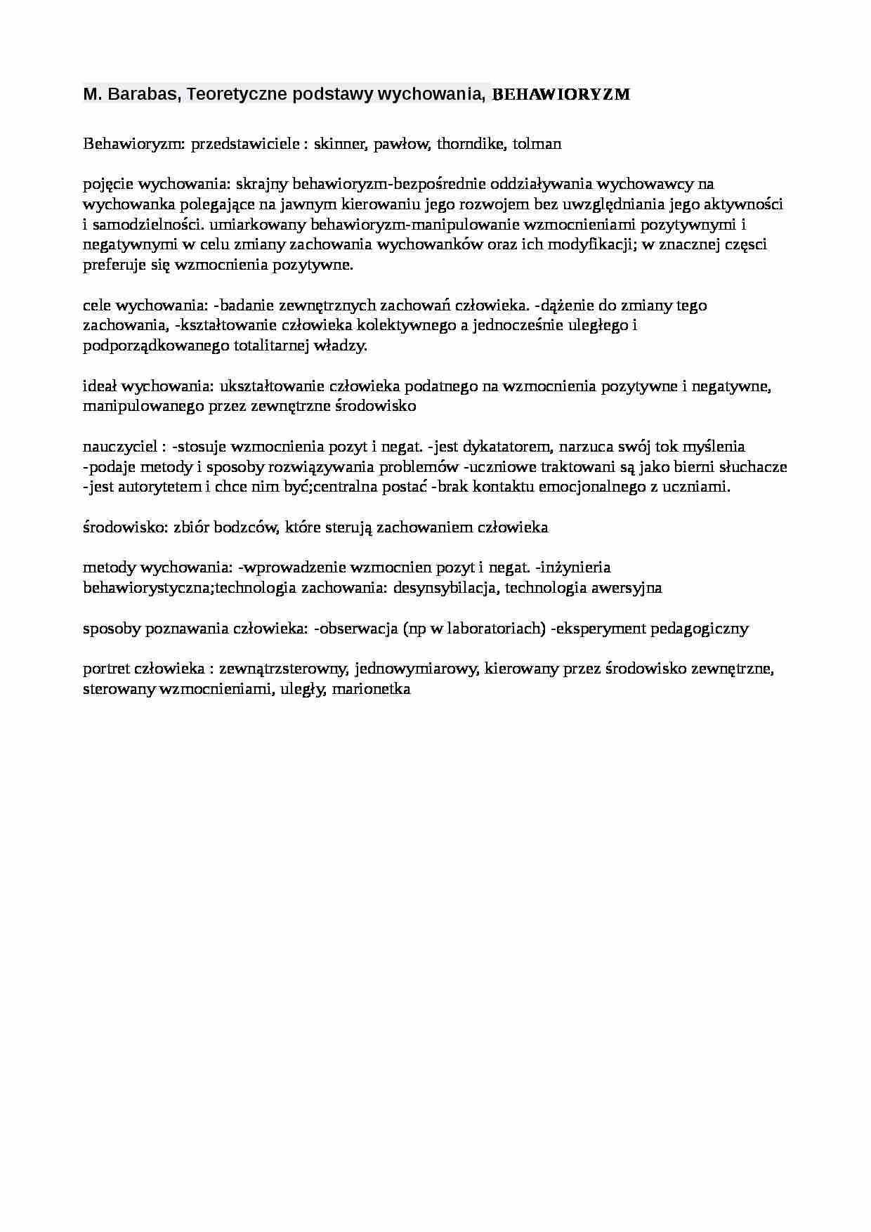 Behawioryzm  - omówienie (sem. I) - strona 1