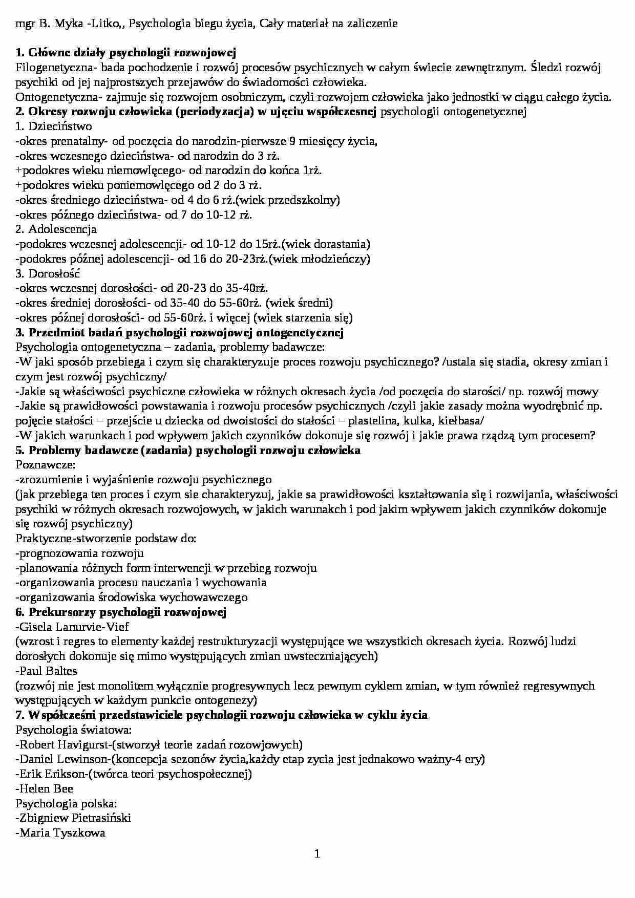 Psychologia rozwojowa - omówienie(sem. II) - strona 1