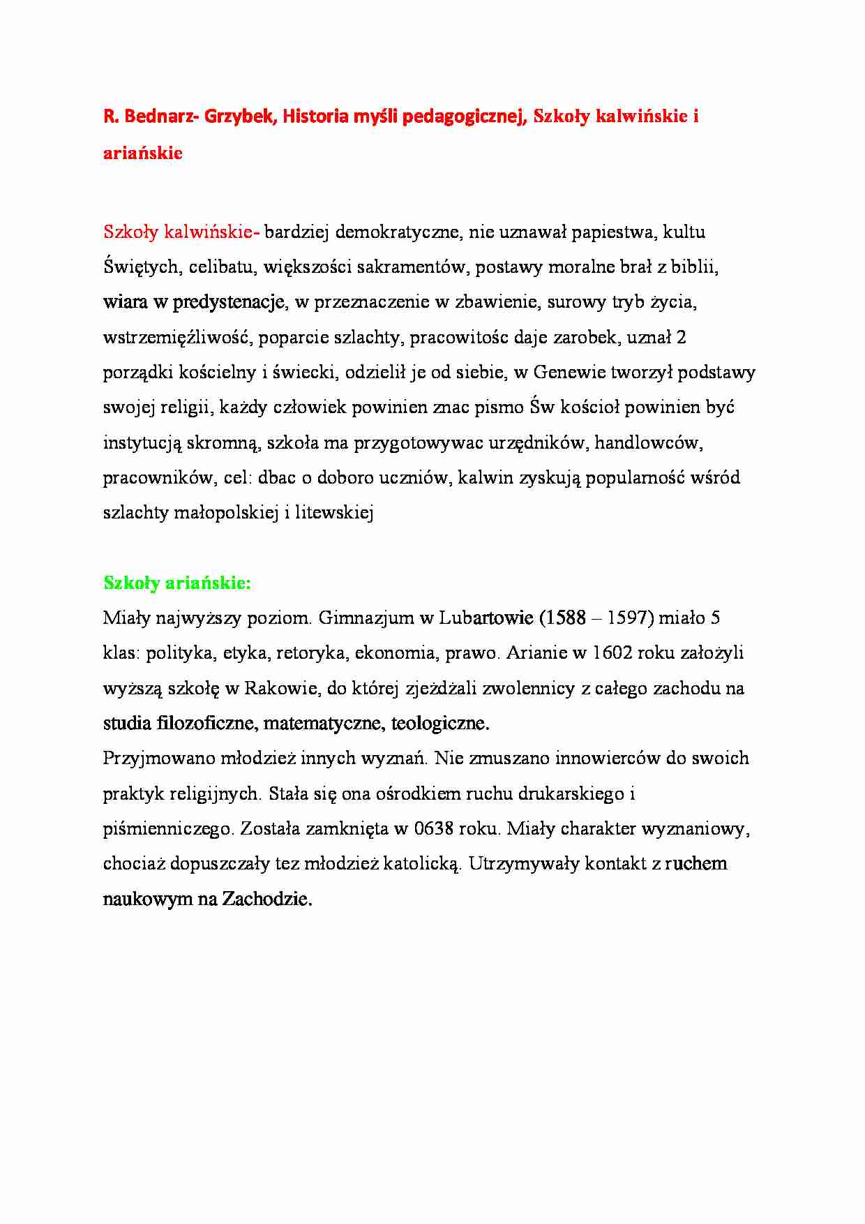 Szkoły kalwińskie i ariańskie - omówienie   (sem. II) - strona 1