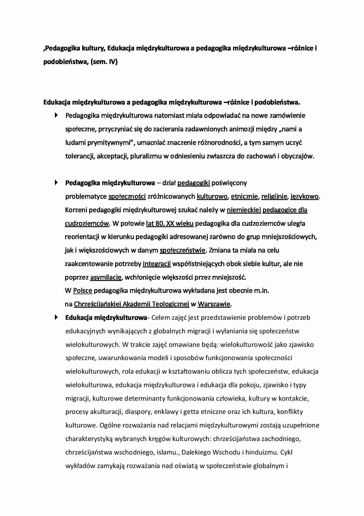 Edukacja międzykulturowa a pedagogika międzykulturowa –różnice i podobieństwa, (sem. IV) - strona 1