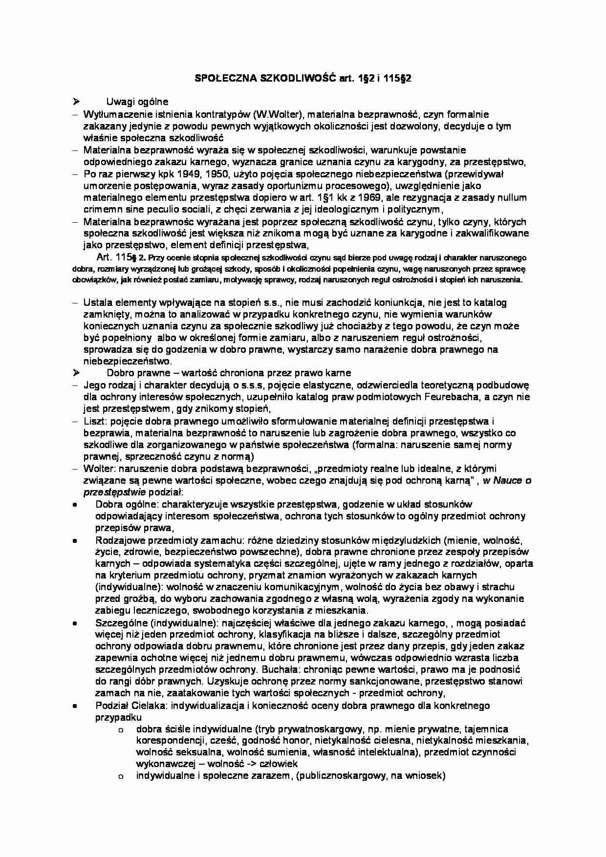 Społeczna szkodliwość czynu  - omówienie  (II sem) - strona 1