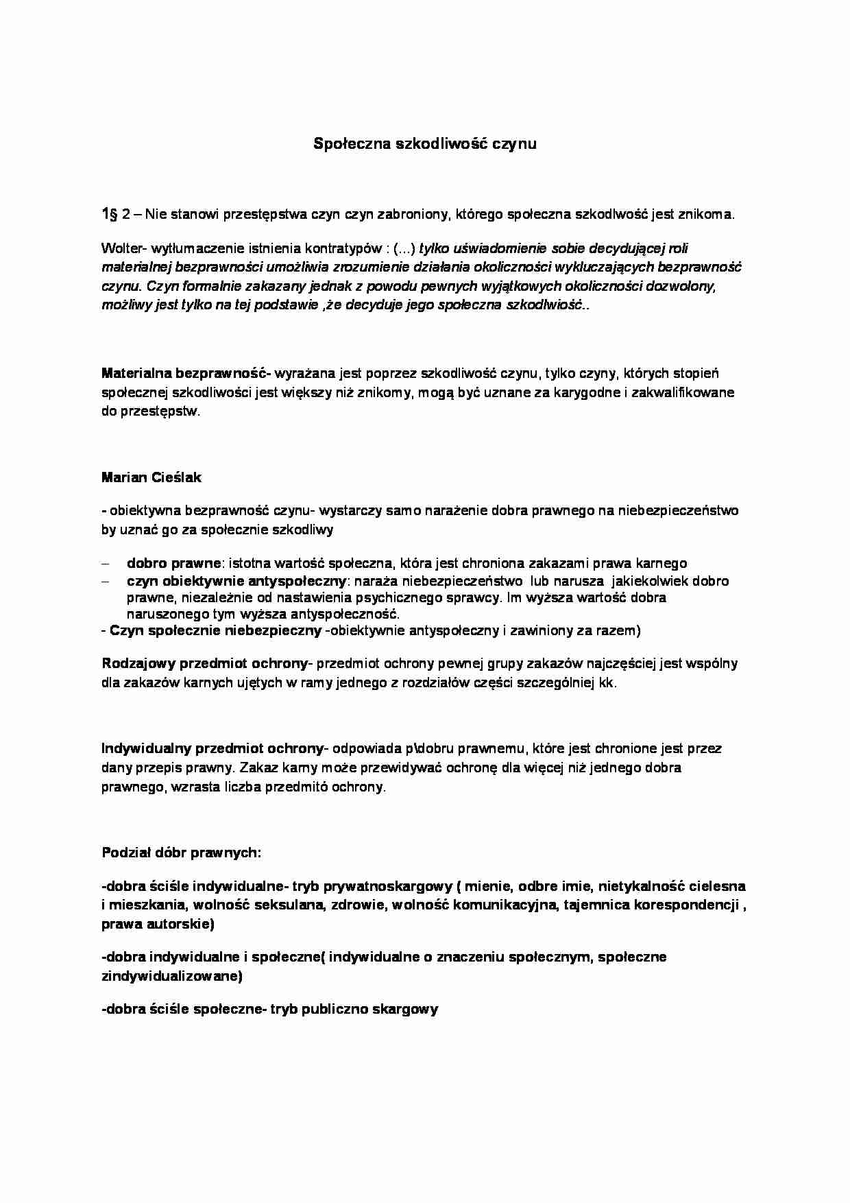 Społeczna szkodliwość czynu  - omówienie (I sem) - strona 1