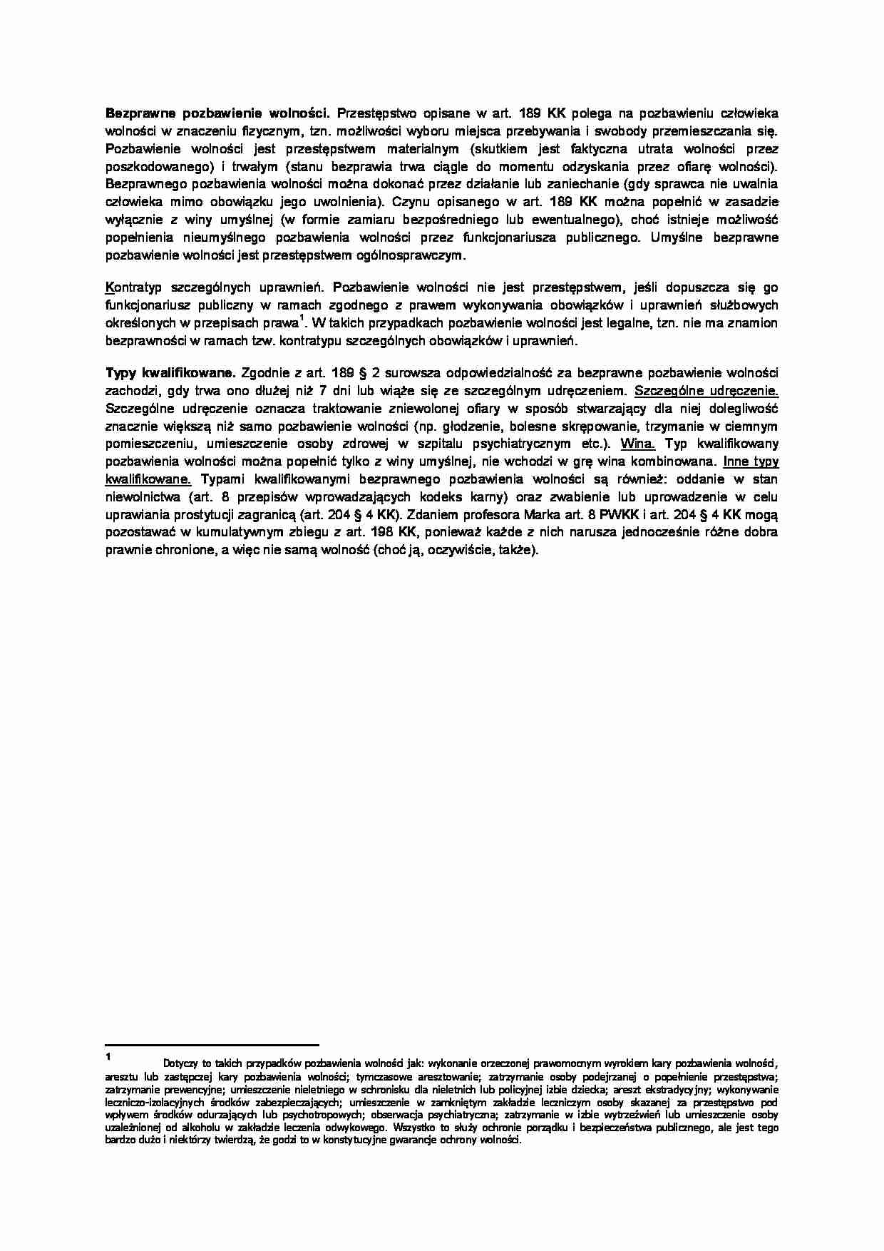 Bezprawne pozbawienie wolności - omówienie (II sem) - strona 1