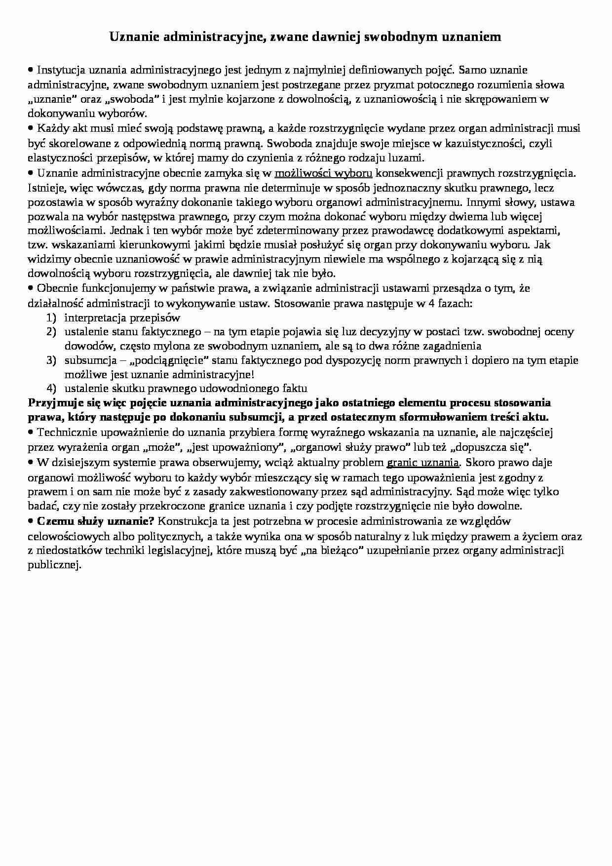 Uznanie administracyjne - omówienie (II sem) - strona 1