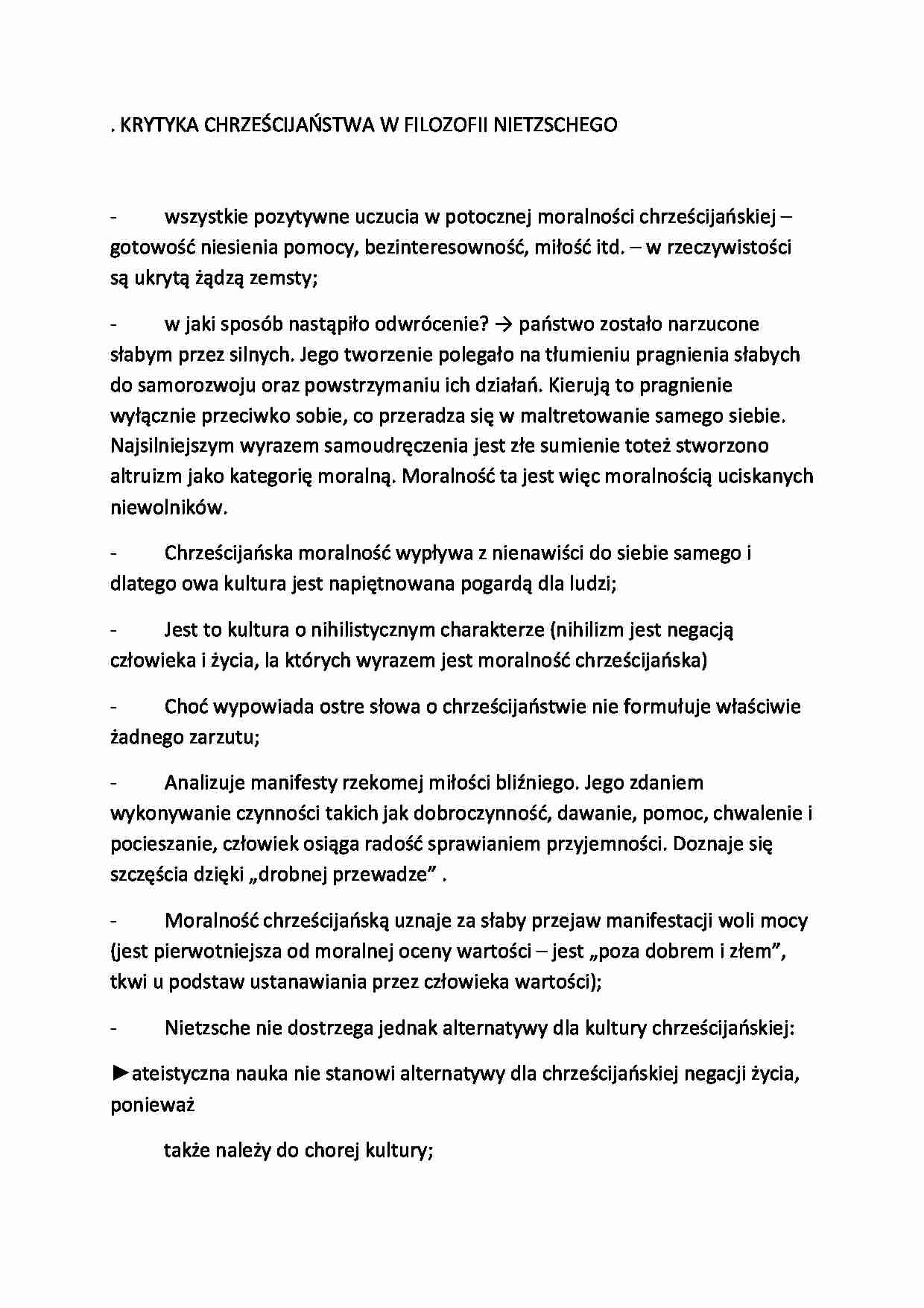 Krytyka chrześcijaństwa w filozofii Nietzschego-opracowanie, I sem - strona 1
