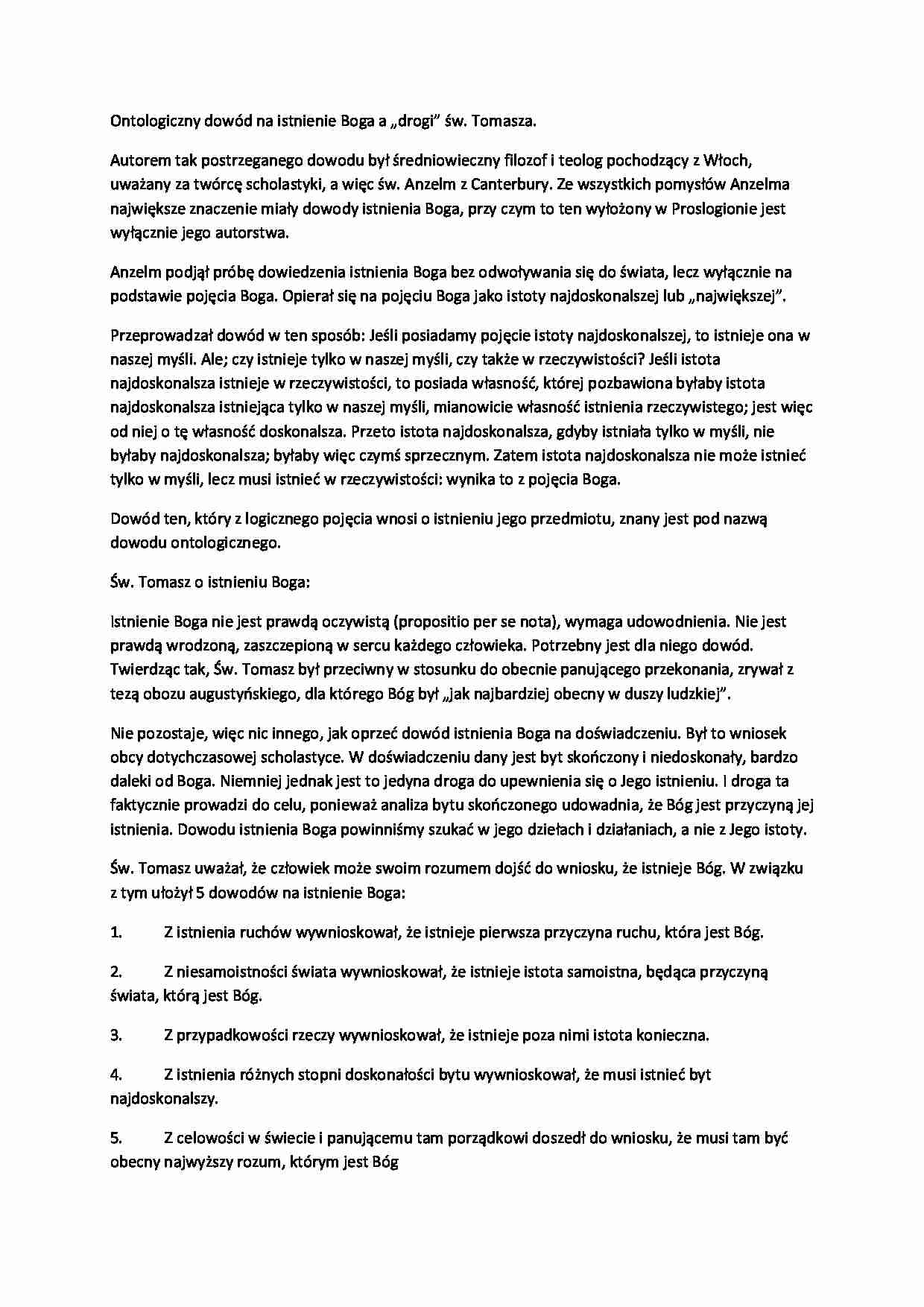  I sem Ontologiczny dowód na istnienie Boga a „drogi” św. Tomasza. - strona 1