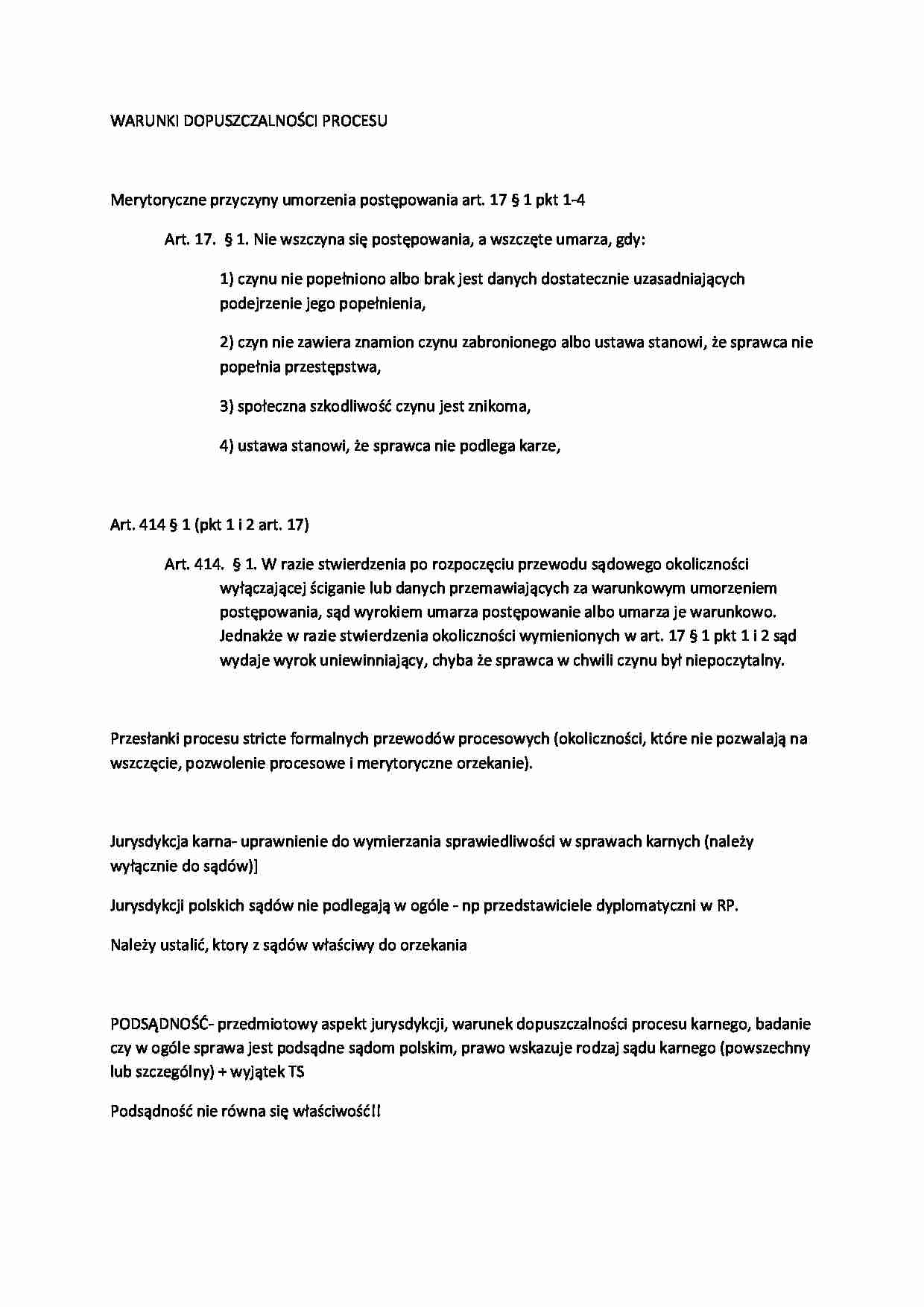 Warunki dopuszczalności procesu-opracowanie, V sem. - strona 1