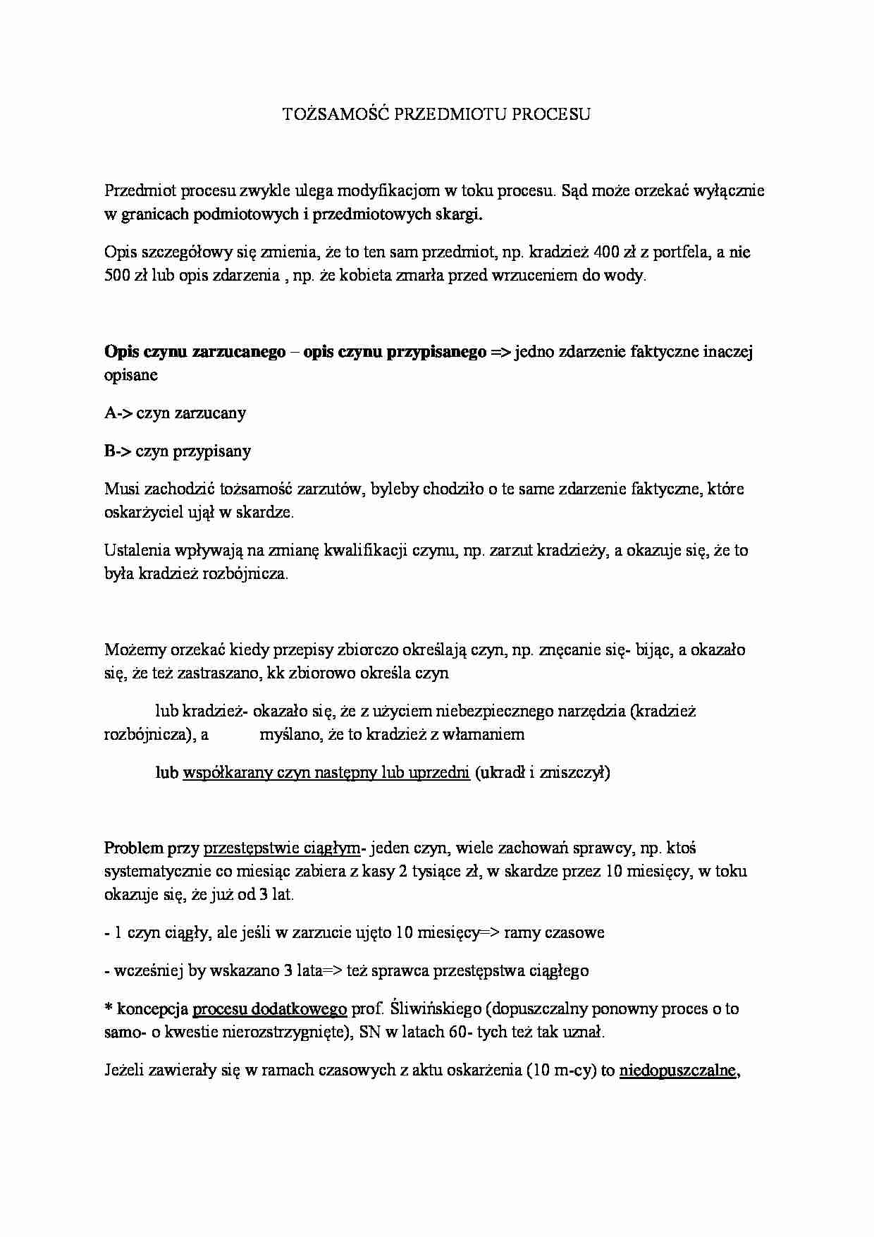 Tożsamość przedmiotu procesu-opracowanie, V sem - strona 1