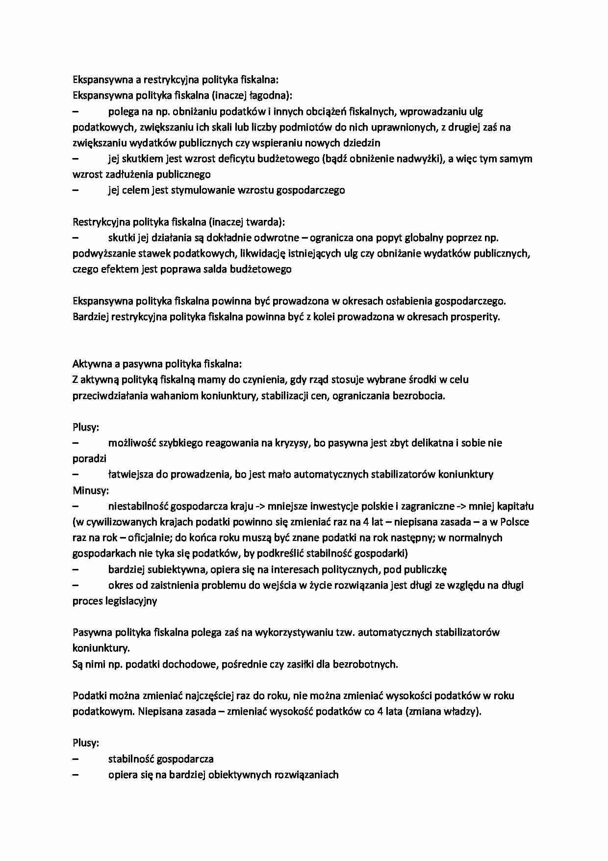 Polityka fiskalna-opracowanie, I sem - strona 1