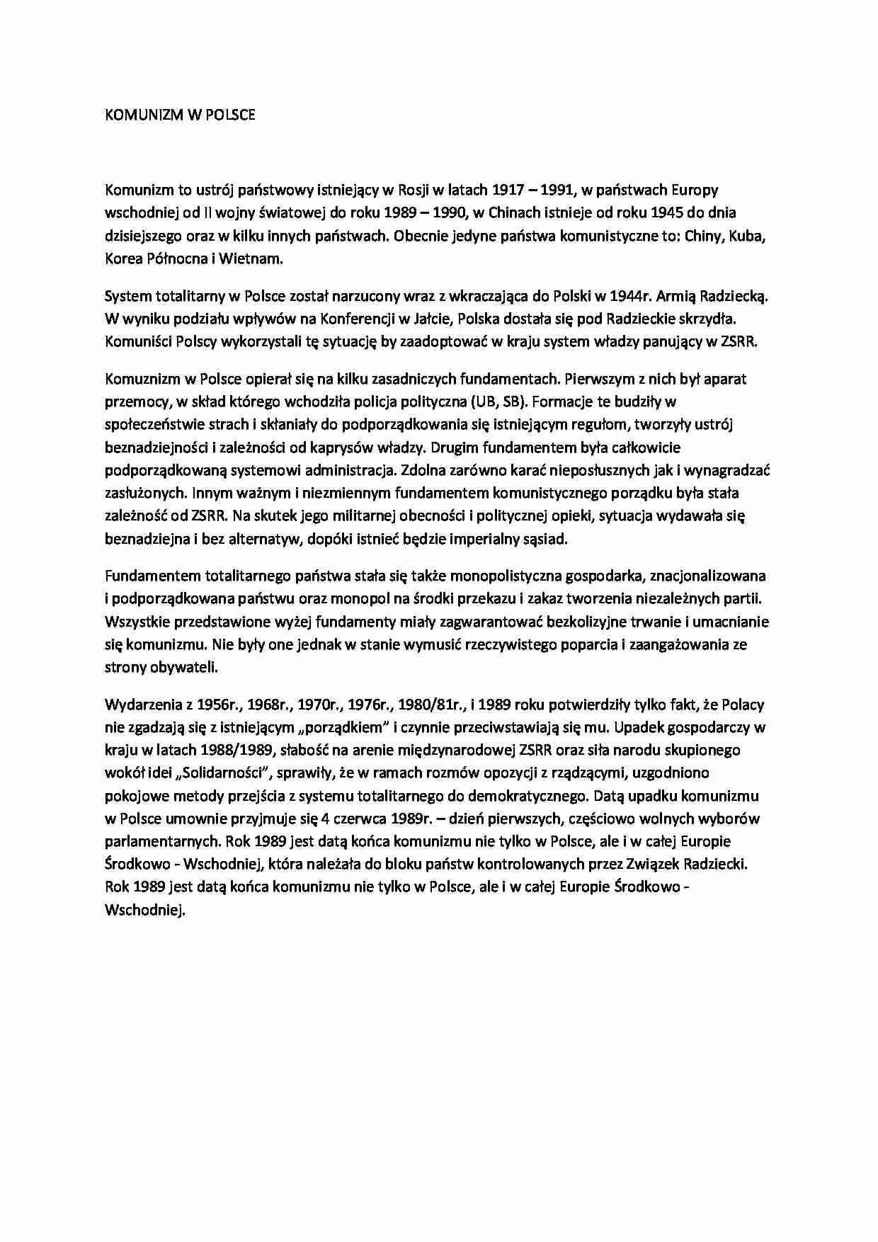 Komunizm w Polsce-opracowanie, II sem - strona 1