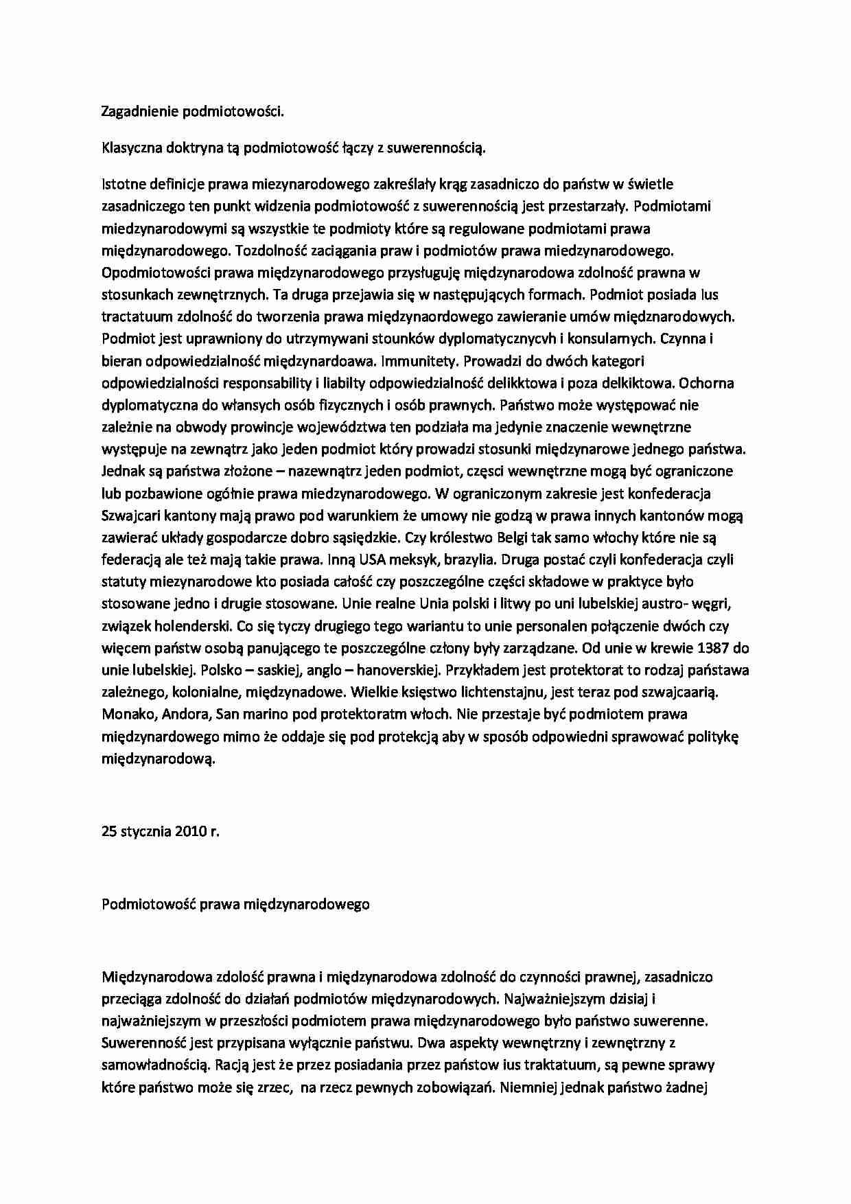  Zagadnienie podmiotowości-opracowanie, V sem - strona 1