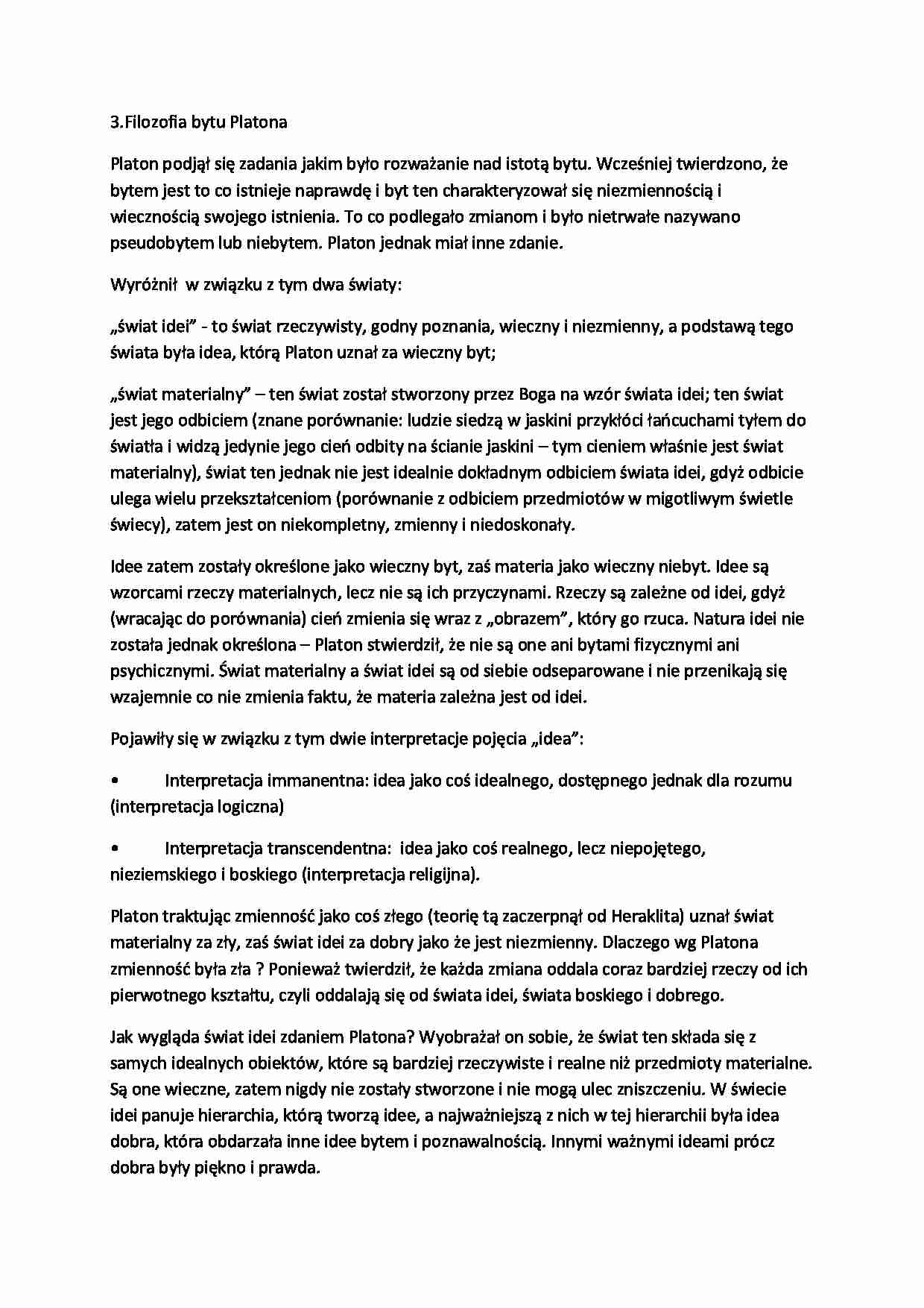 Filozofia bytu Platona-opracowanie, I sem. - strona 1