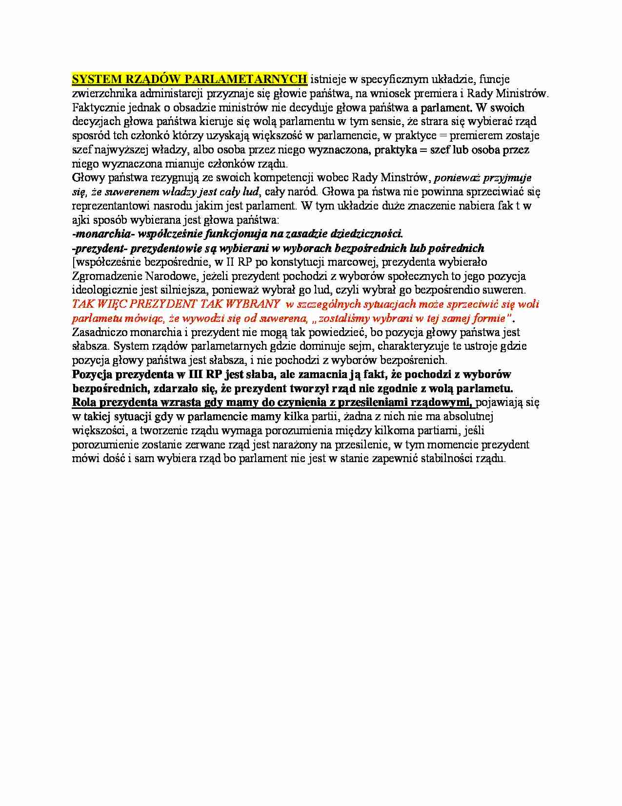 Wykład - system rzadów parlamentarnych - strona 1