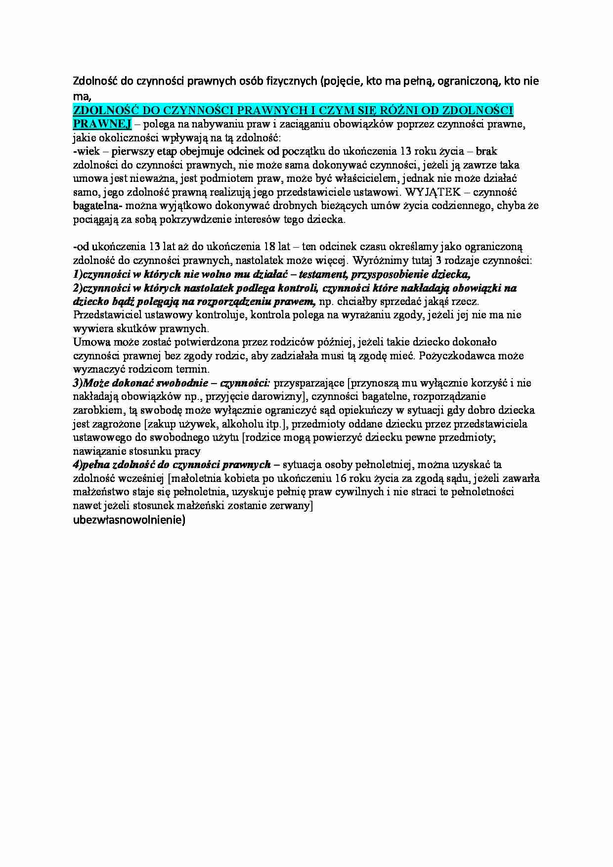 Wykład - zdolność do czynności prawnych (I sem) - strona 1