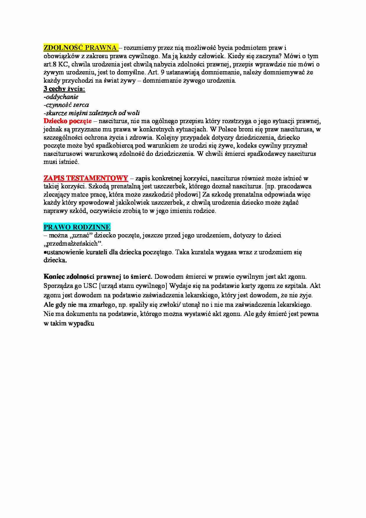 Wykład - zdolność prawna (I sem) - strona 1