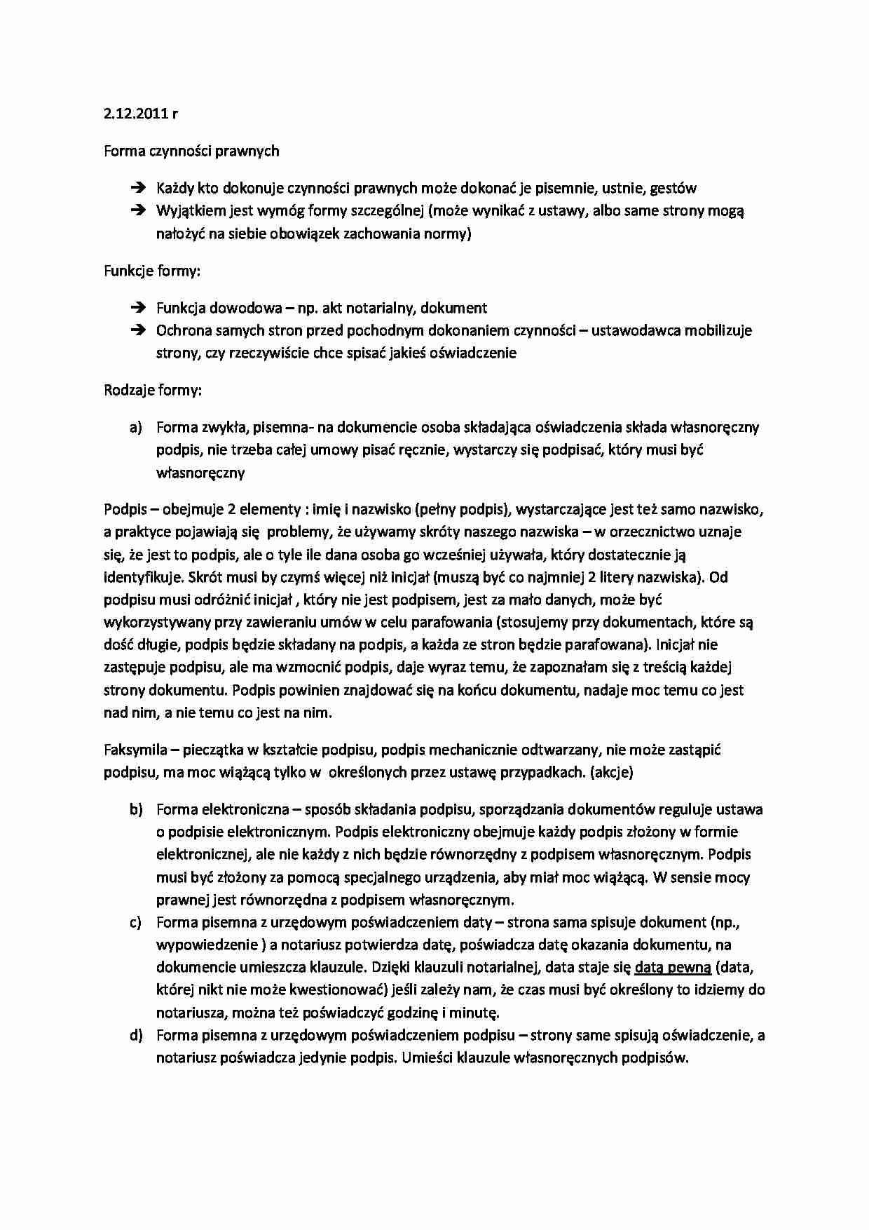 Wykład - formy czynności prawnych (I sem) - strona 1