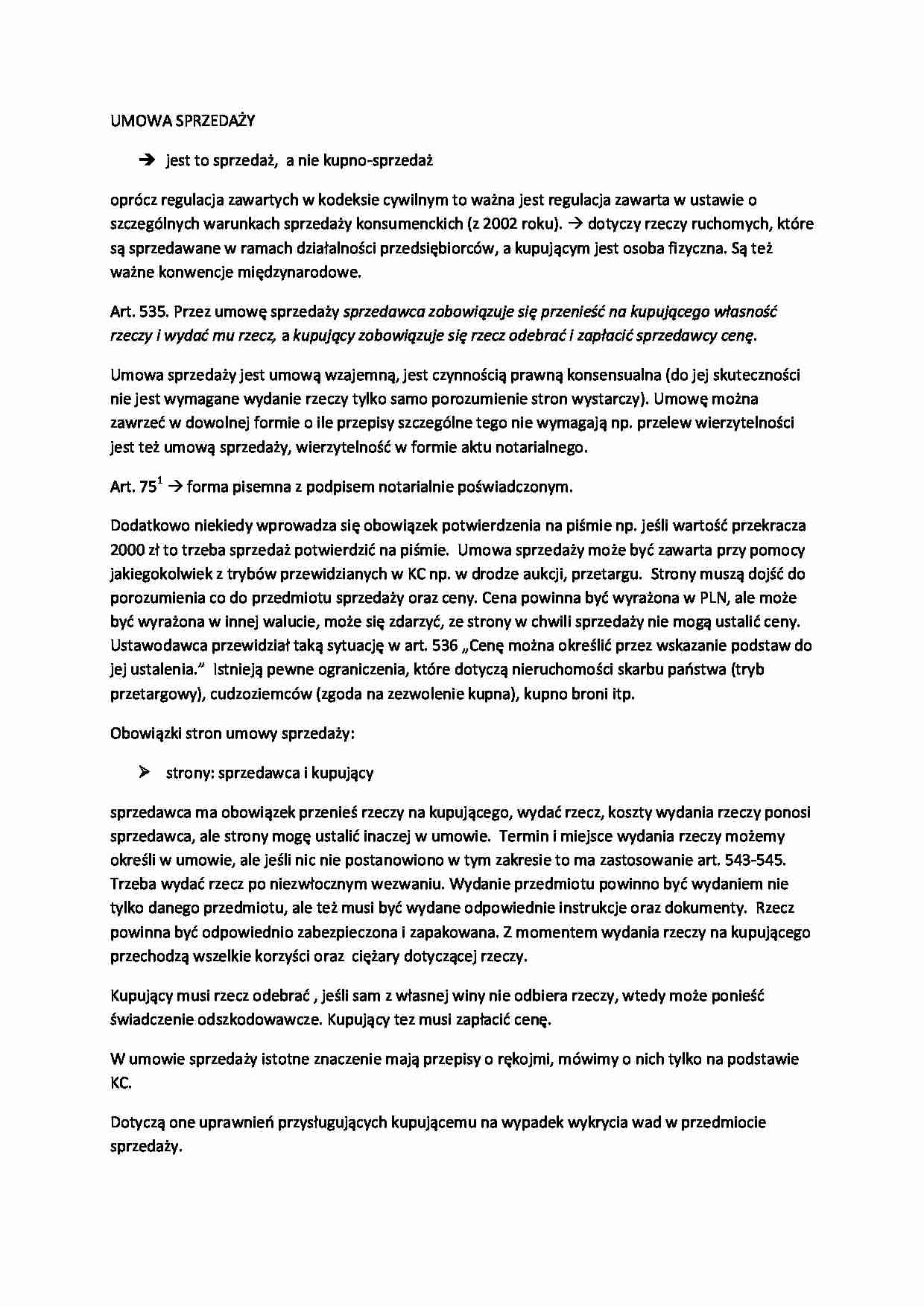 Wykład - umowa sprzedaży (II sem) - strona 1