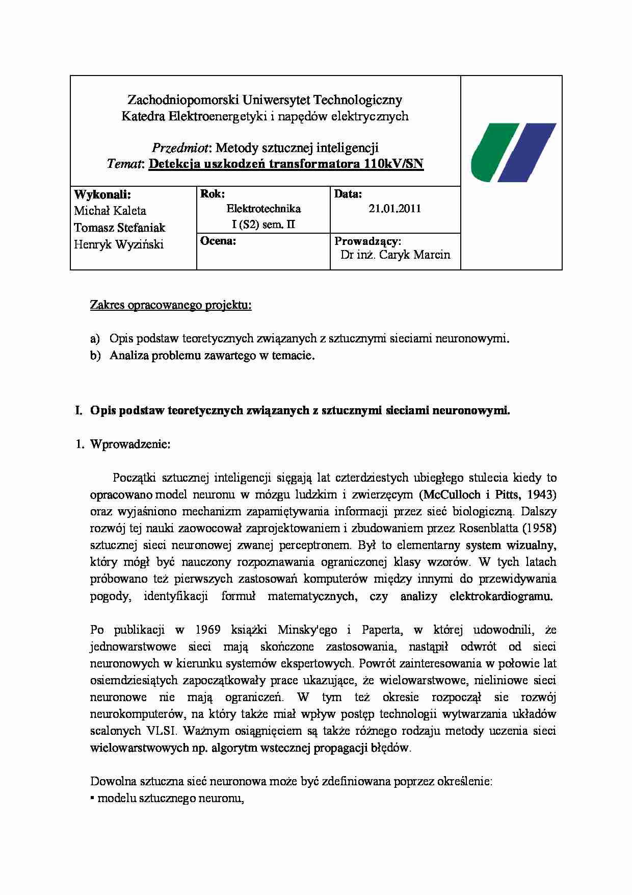 Projekt Detekcja uszkodzeń transformatora 110kVSN - strona 1