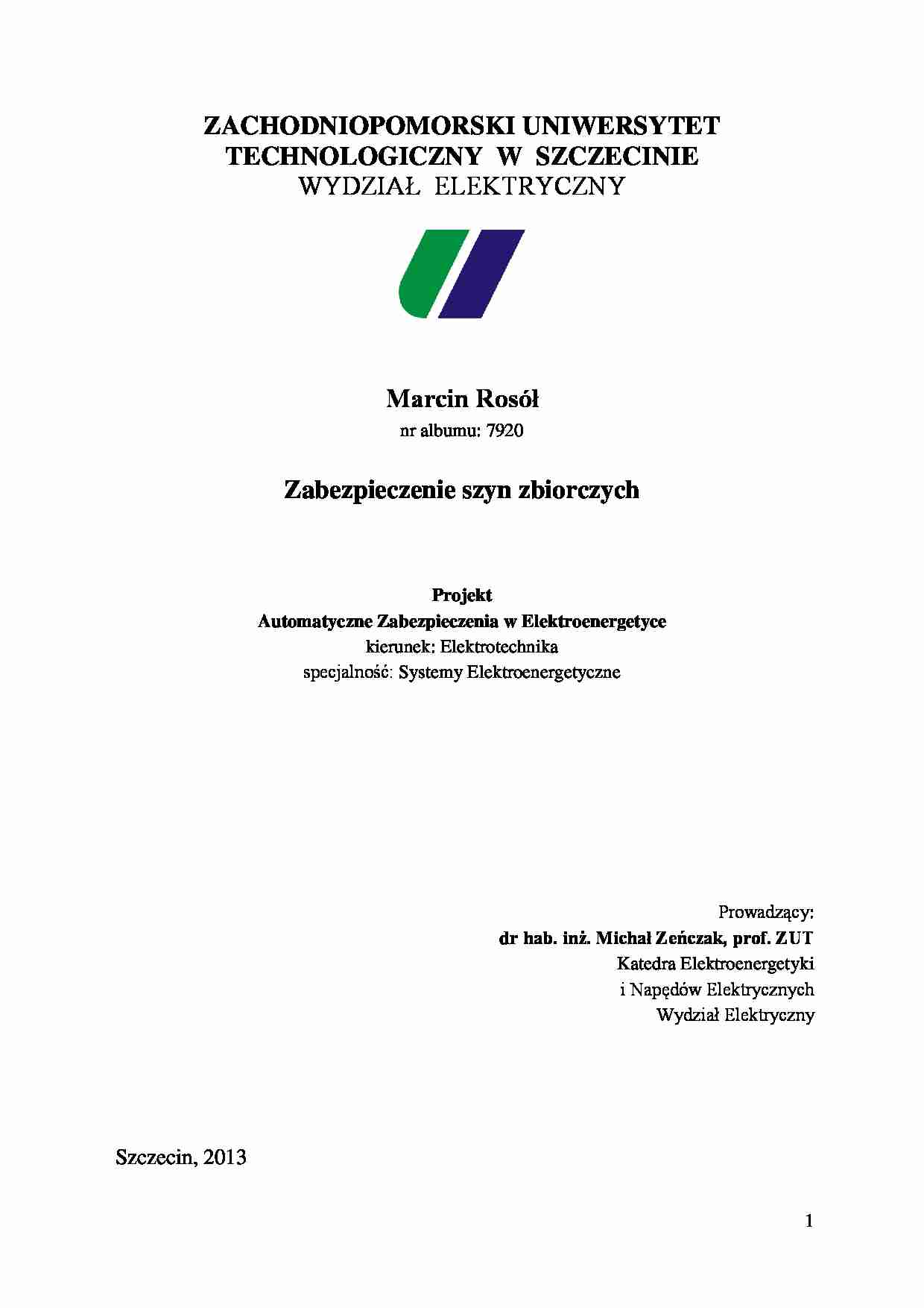 Projekt Zabezpieczenie szyn zbiorczych - strona 1