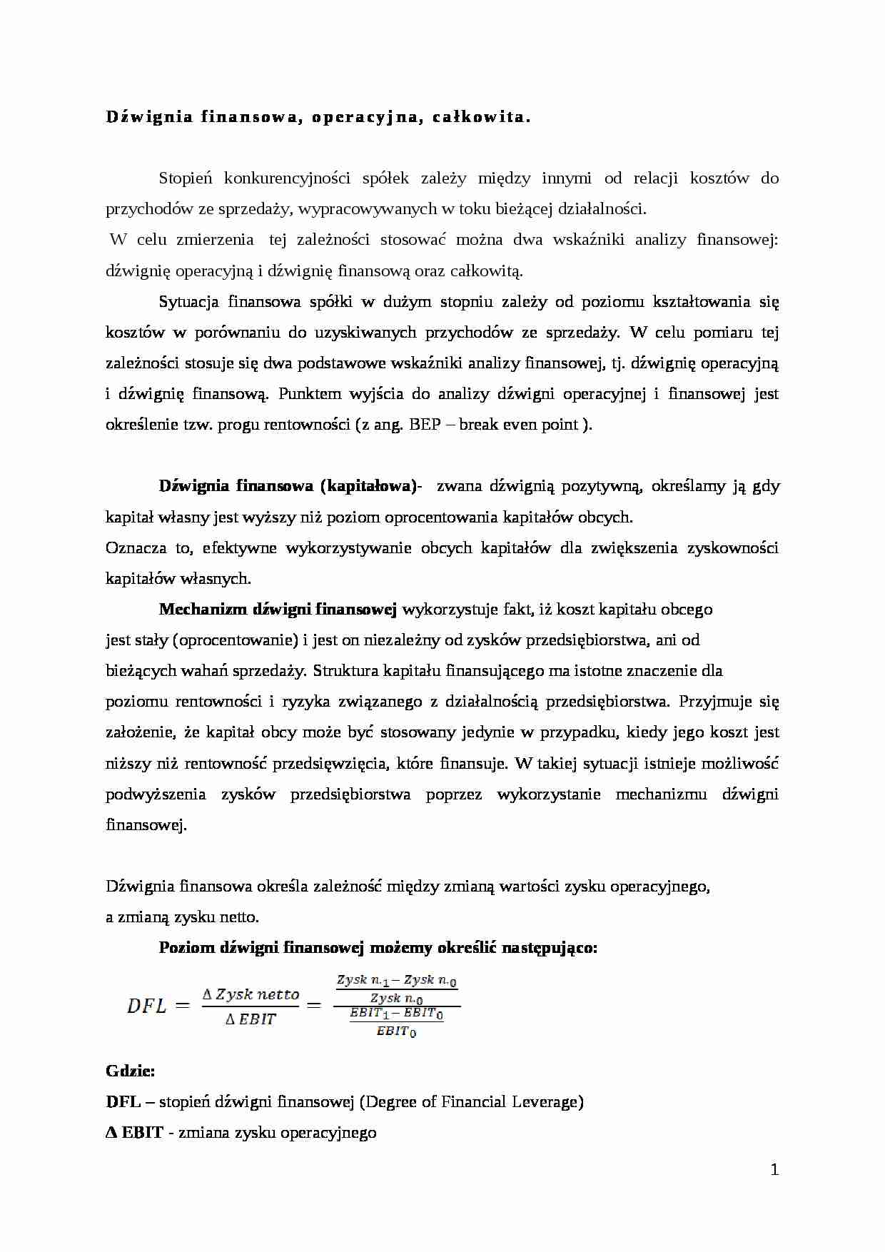 Wykład - dźwignia finansowa operacyjna, całkowita. - strona 1