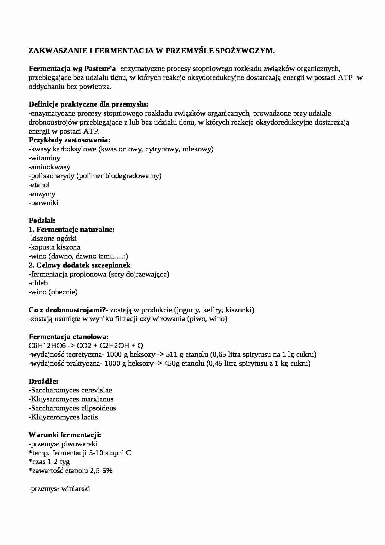 Zakwaszanie i fermentacja w przemyśle spożywczym , sem IV - strona 1