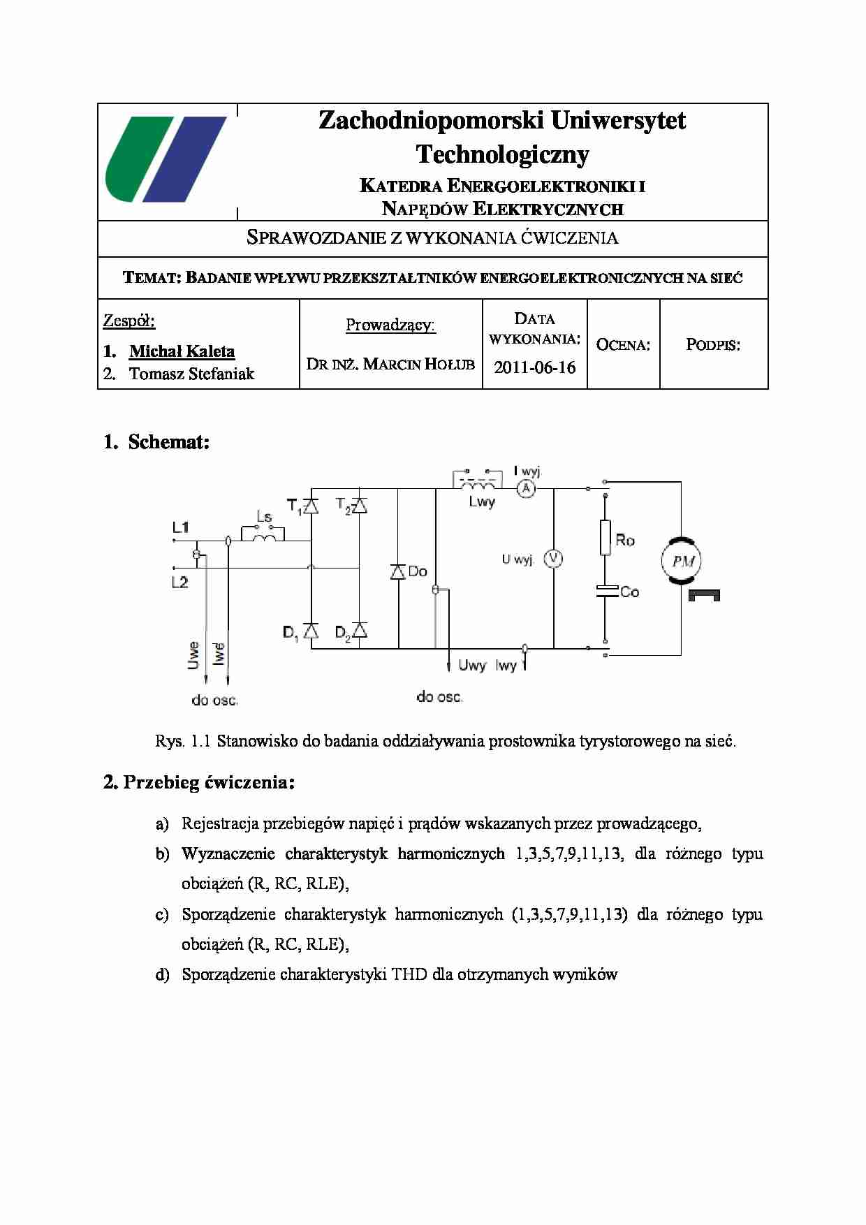 Sprawozdanie: Badanie wpływu przekształtników elektroenergetycznych na sieć - strona 1