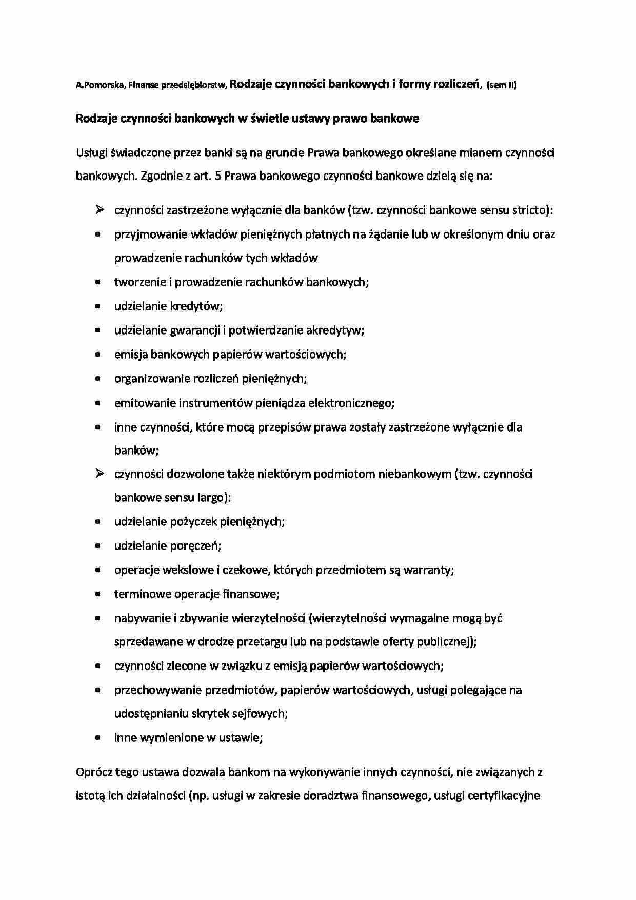 Rodzaje czynności bankowych i formy rozliczeń - omówienie  (sem II) - strona 1