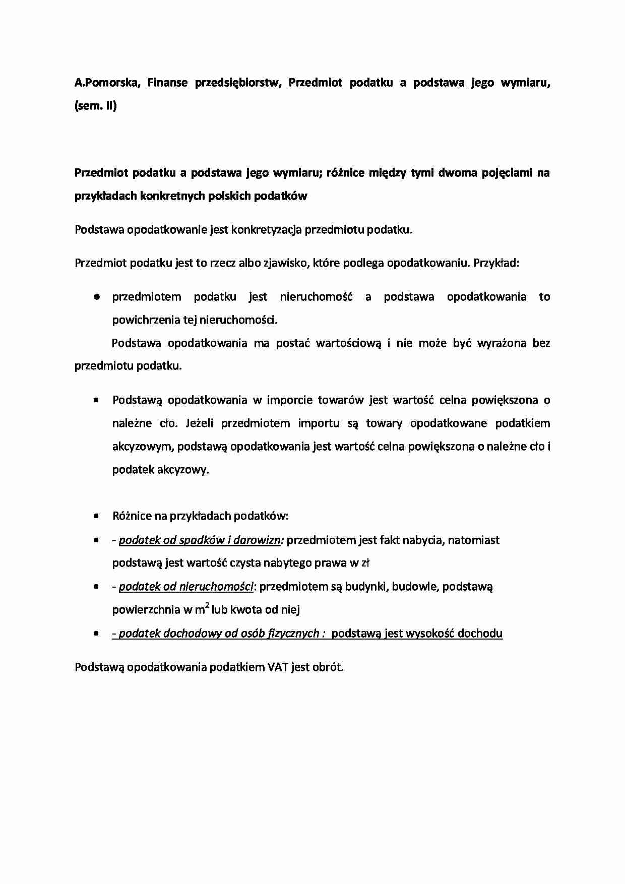 Przedmiot podatku a podstawa jego wymiaru - omówienie  (sem. II) - strona 1