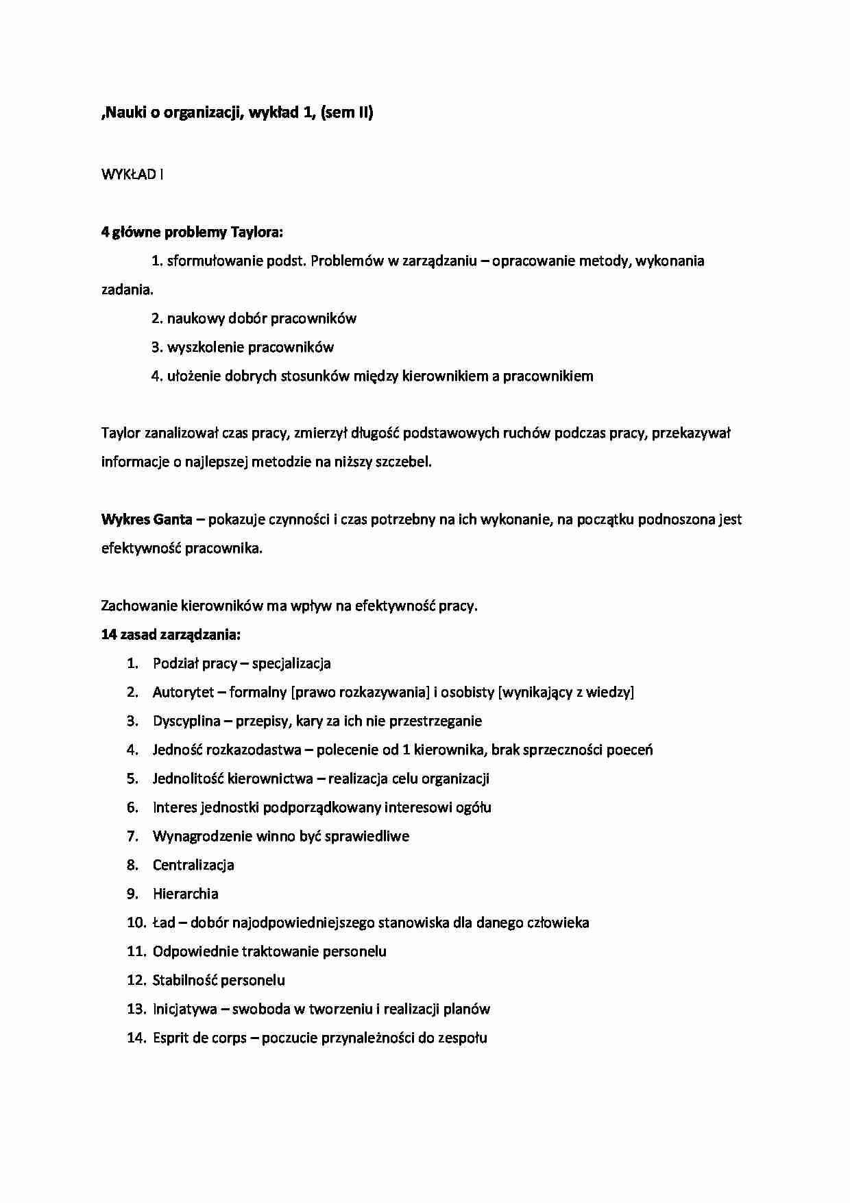 Nauki o organizacji - wykład 1, (sem II) - strona 1