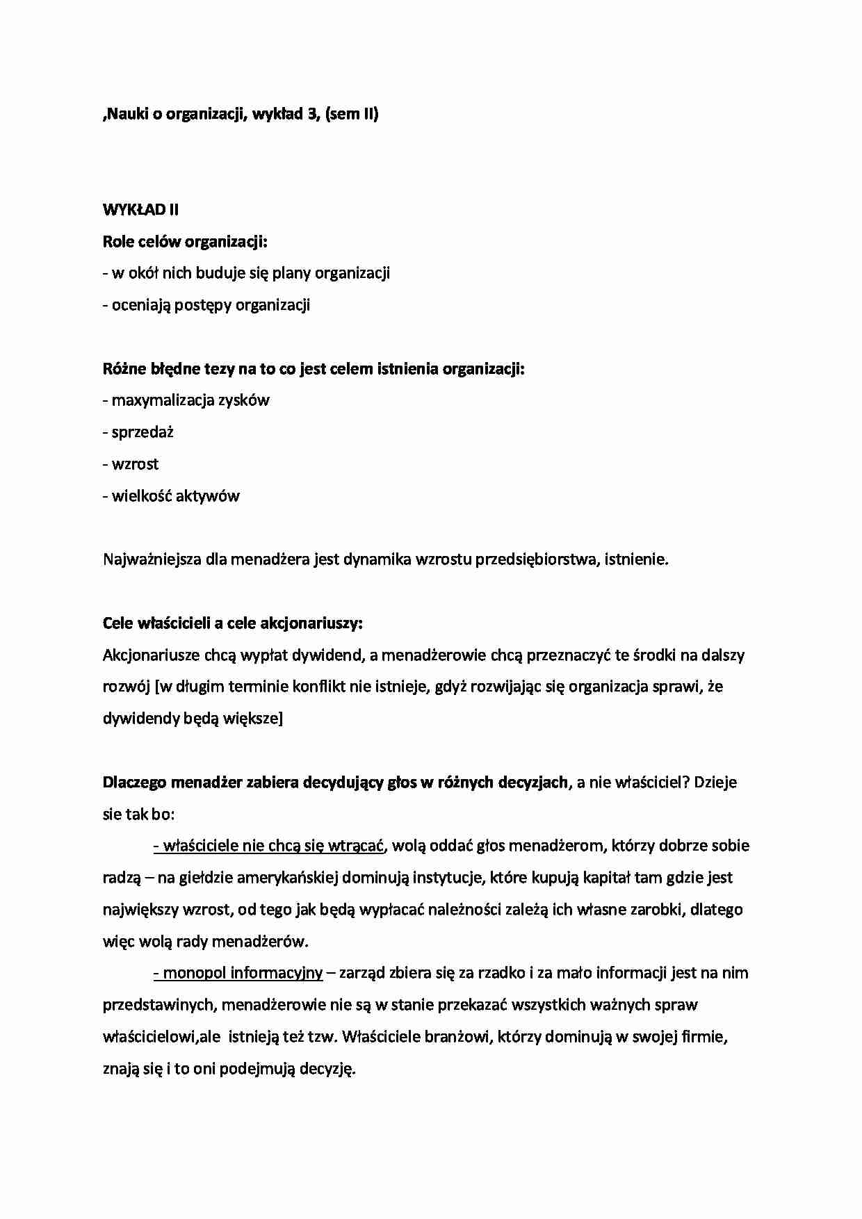 Nauki o organizacji - wykład 3 (sem II) - strona 1