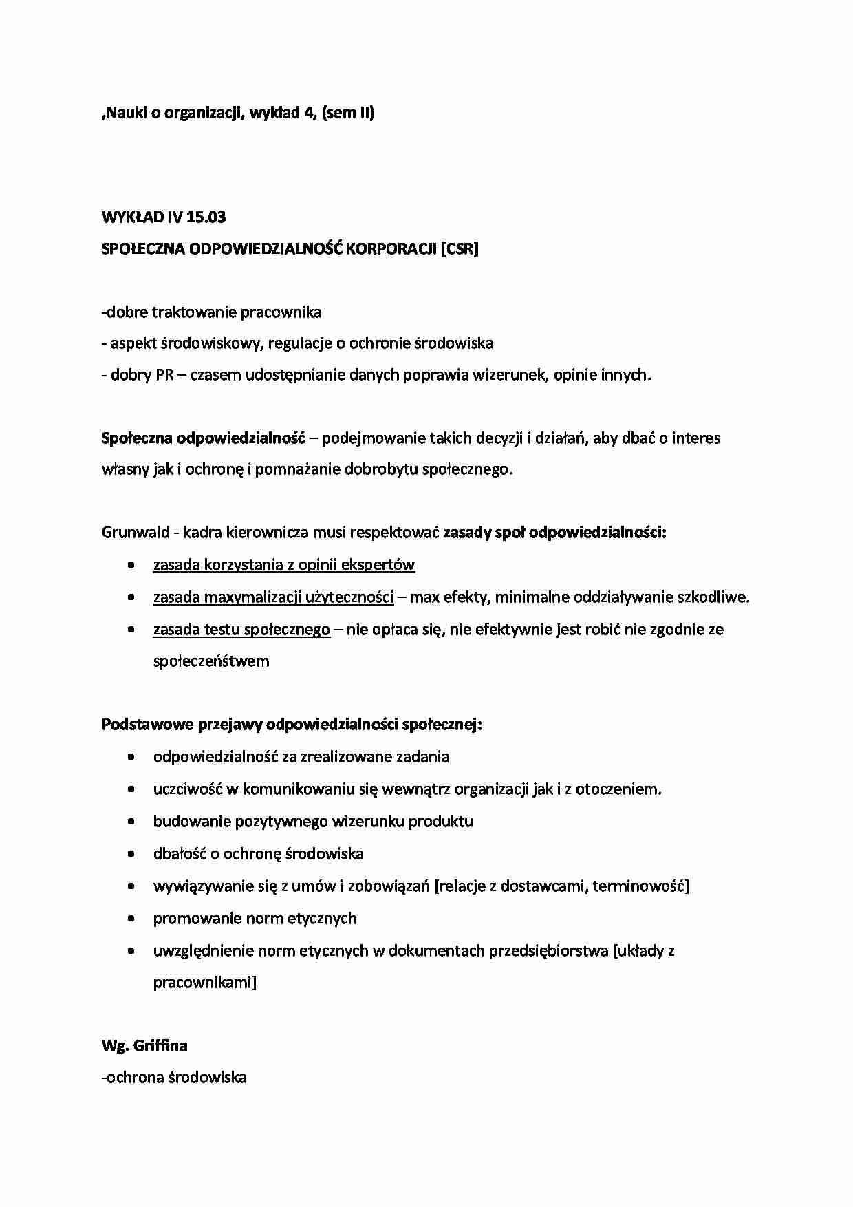 Nauki o organizacji - wykład 4 (sem II) - strona 1