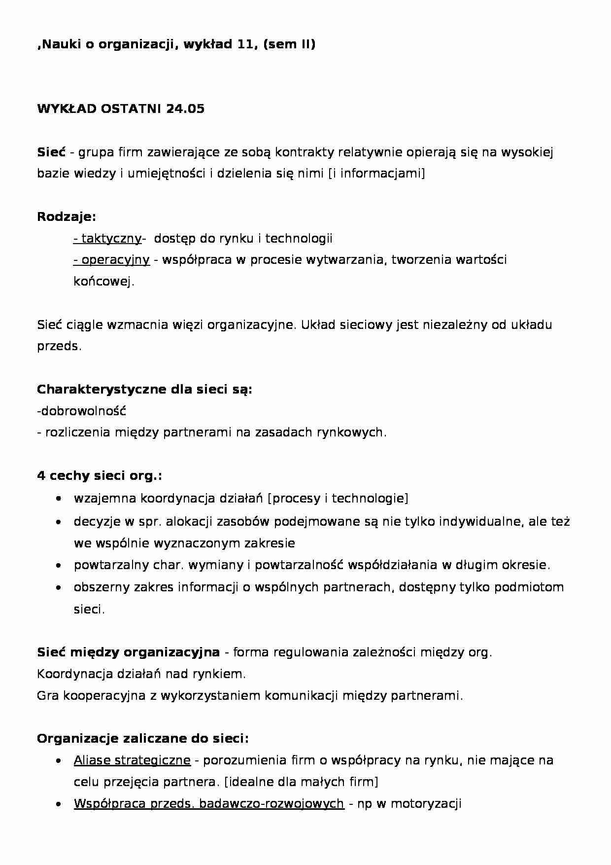 Nauki o organizacji wykład 11 (sem II) - strona 1
