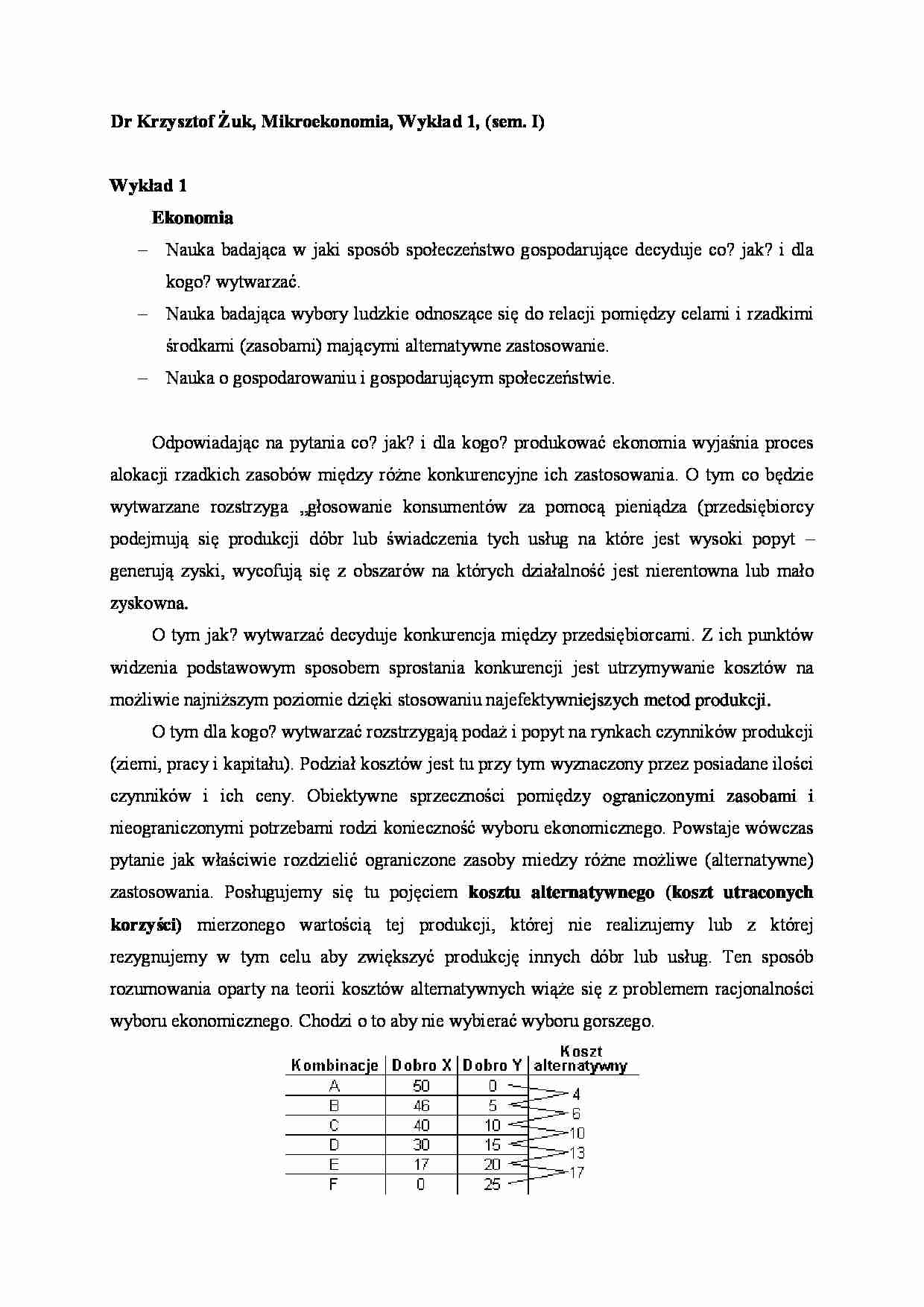 Mikroekonomia - wykład 1, (sem. I) - strona 1