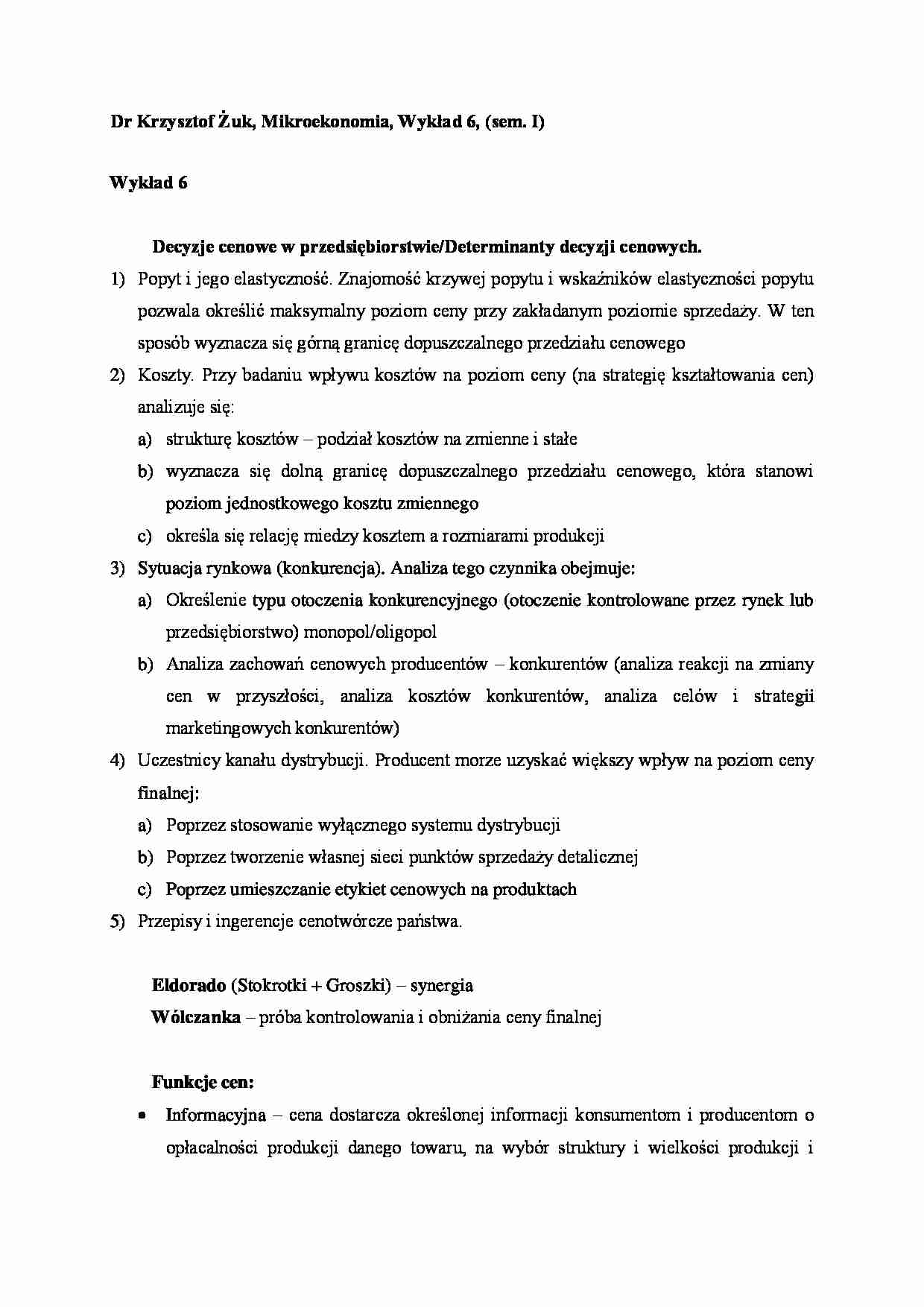 Mikroekonomia - wykład 6 (sem. I) - strona 1