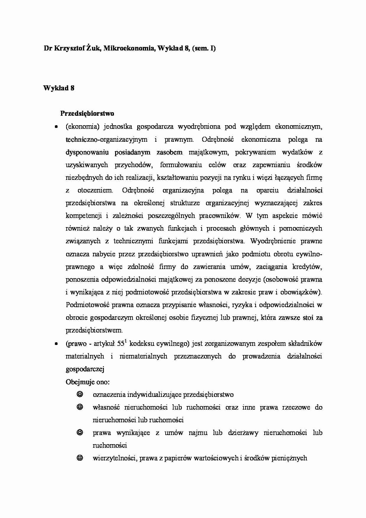 Mikroekonomia - wykład 8 (sem. I) - strona 1