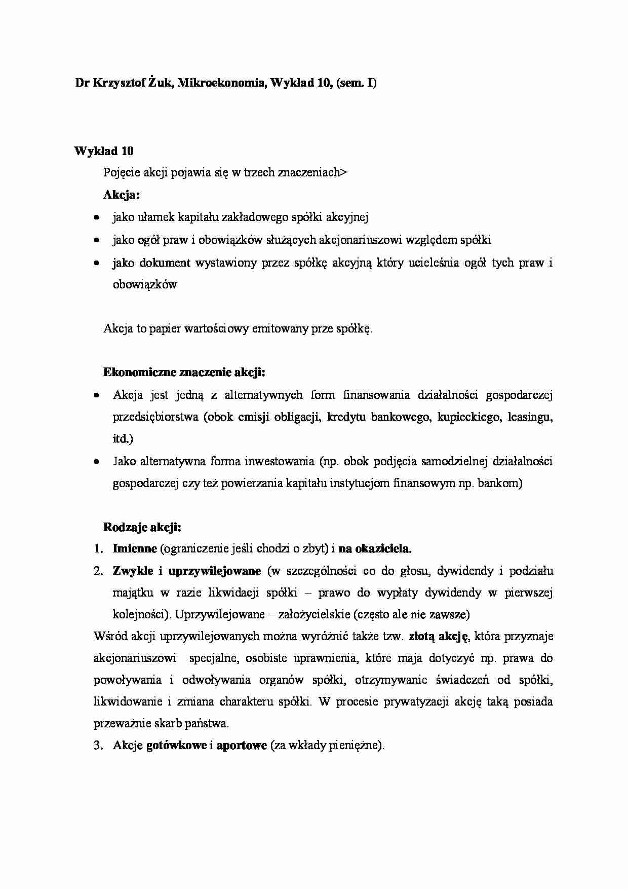 Mikroekonomia - wykład 10 (sem. I) - strona 1
