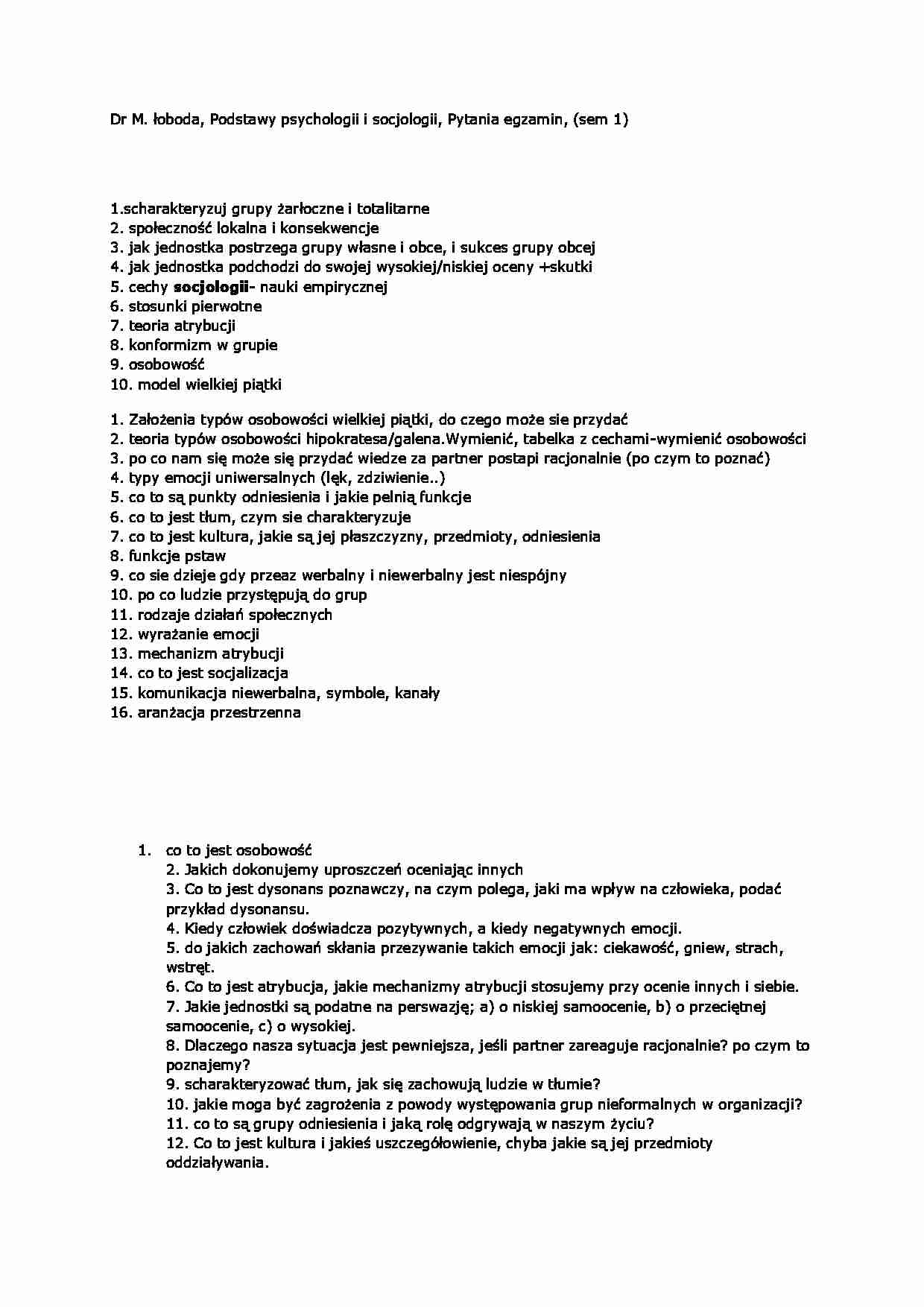 Podstawy Psychologii i Socjologii - pytania egzamin (sem 1) - strona 1