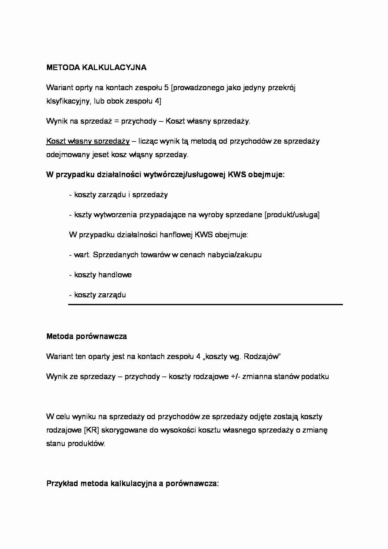 Metoda kalkulacyjna a porównawcza - omówienie  (sem II) - strona 1