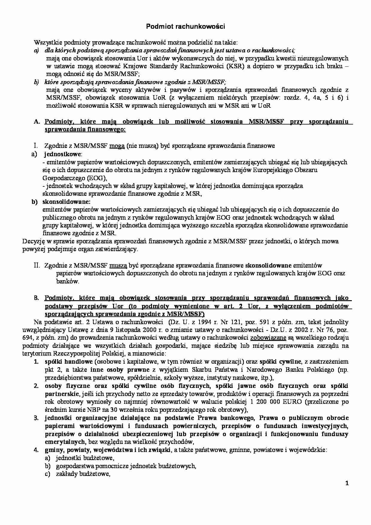 Podmioty rachunkowości - omówienie  (sem II) - strona 1