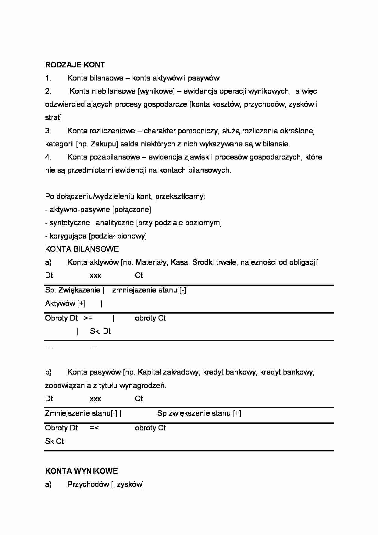 Rodzaje kont -  konta wynikowe - omówienie (sem II) - strona 1