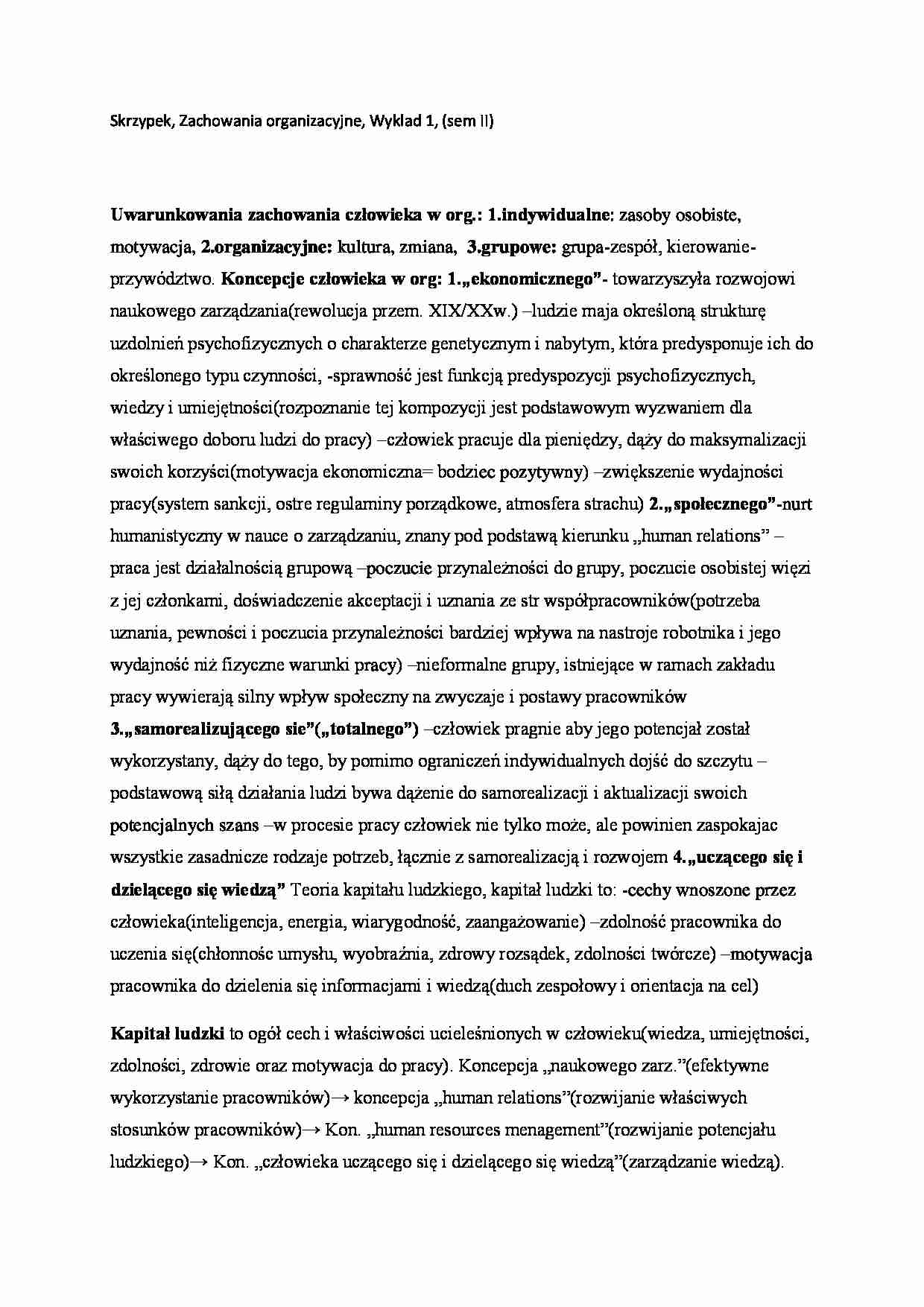 Zachowania organizacyjne,  Wykład 1, (sem II) - strona 1