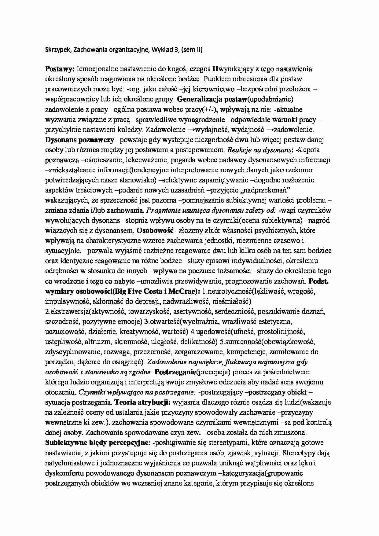 Zachowania organizacyjne, Wykład 3, (sem II) - strona 1